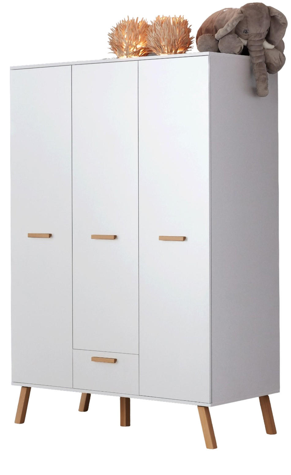 KLEIDERSCHRANK weiß matt mit Buche massiv, 3-türig 130 x 190 cm für Baby- und Kinderzimmer - Eichefarben/Buchefarben, Holz/Holzwerkstoff (60/190/130cm) - Top.Furn