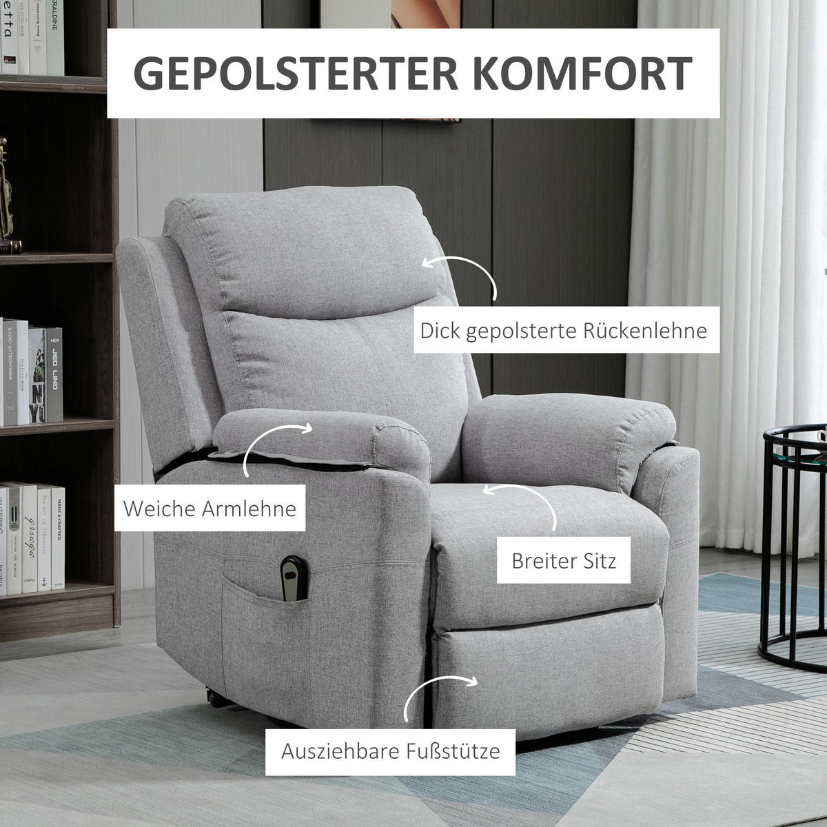 FERNSEHSESSEL mit Aufstehhilfe, Grau - Schwarz/Grau, Textil/Metall (89/102/83cm) - HOMCOM