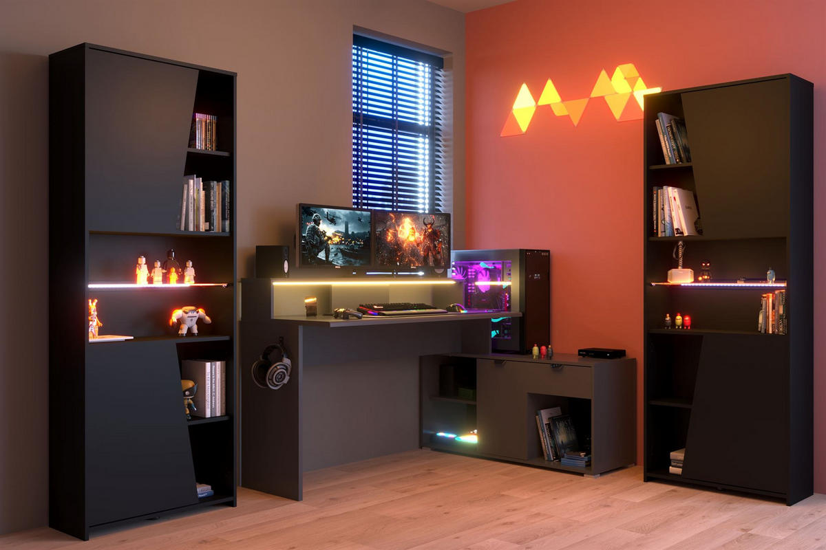 GAMING Schreibtisch Parisot Work 3-tlg. Holznachbildung Grau/Schwarz - Schwarz/Grau, Kunststoff (200/100/95cm) - 58aufmkessel