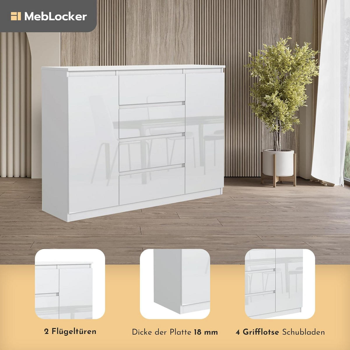 KOMMODE mit 4 Schubladen 2 Schranktüren 140 cm Weiß mit HochglanzFronte - Weiß Hochglanz, Holzwerkstoff (138.6/101.5/39cm) - MebLocker