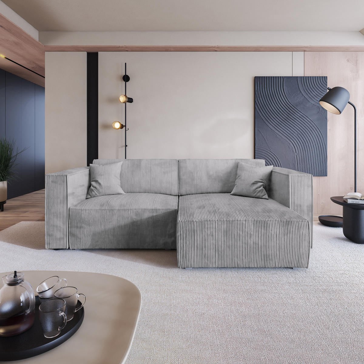 ECKSOFA NERIO P Hellgrau Kordstoff mit Schlaffunktion - Hellgrau/Grau, Holz/Kunststoff (245/148cm) - MASSENO