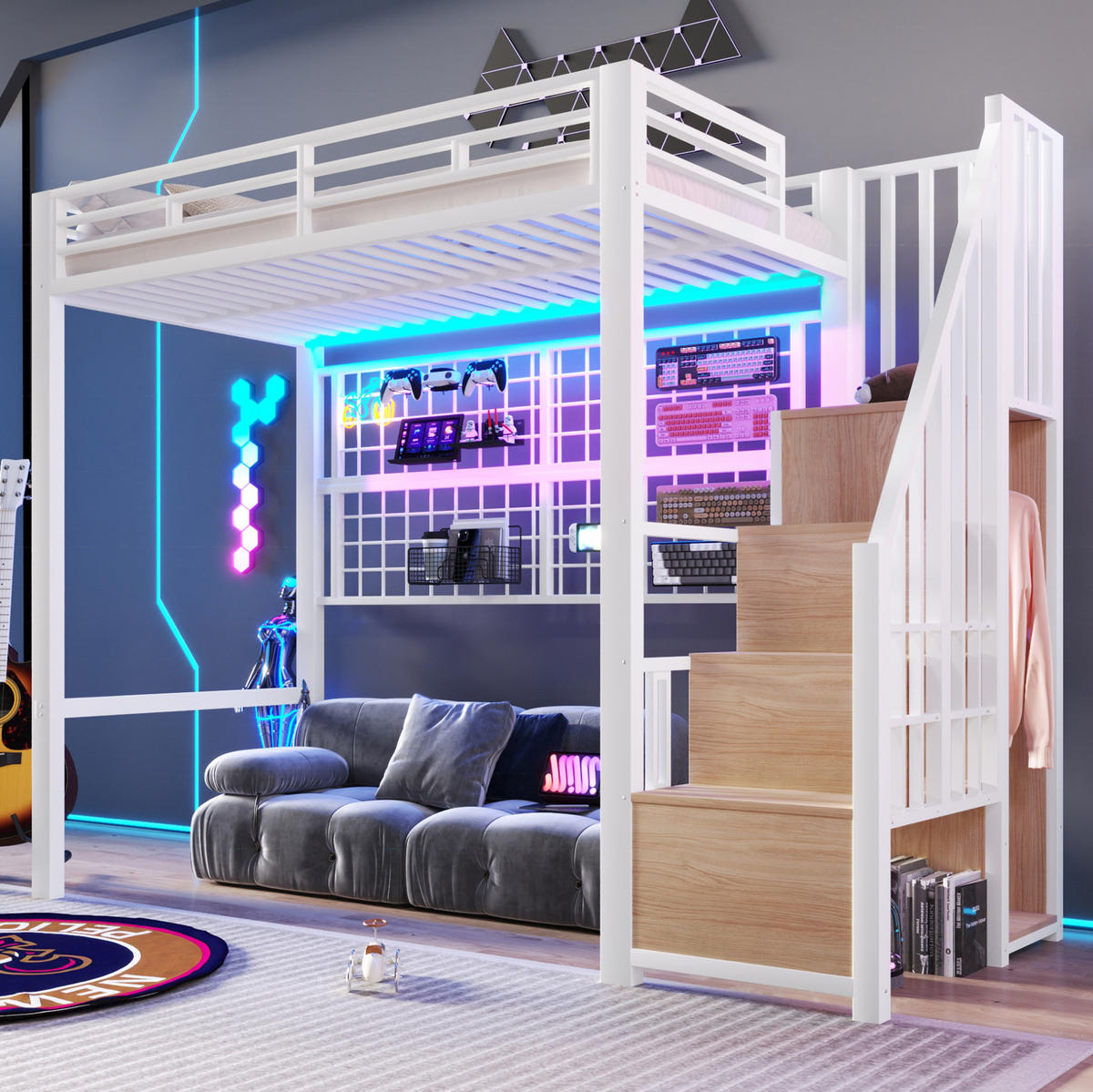 HOCHBETT 90/200 cm Weiß mit Stauraumleiter, Hängegitter und LED - Weiß, Metall (90/200cm) - MIVRAY