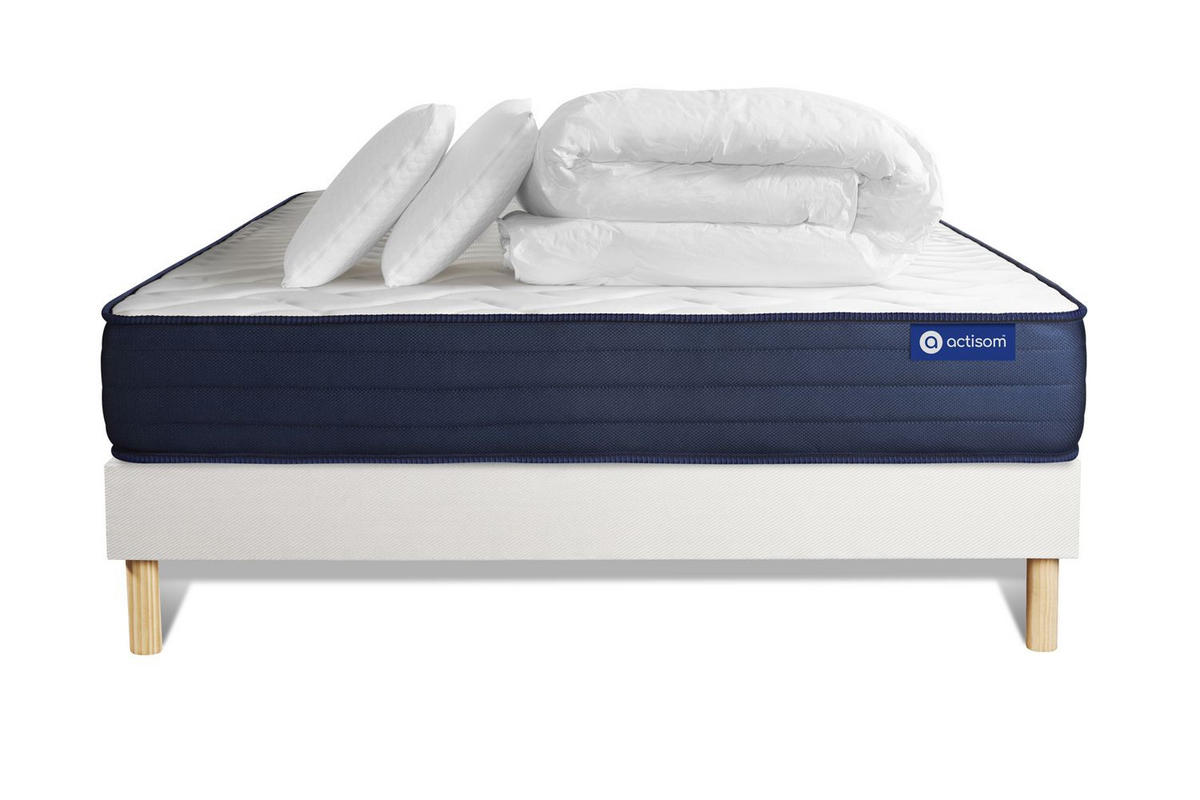 BETT Actiflex life Taschenfederkern und Memory-Schaum 200 x 200 cm h4 - Kit Bettgestell Weiß - Mit Kissen und Bettdecke - Beige/Weiß, Holz/Textil (200/200cm) - ACTISOM