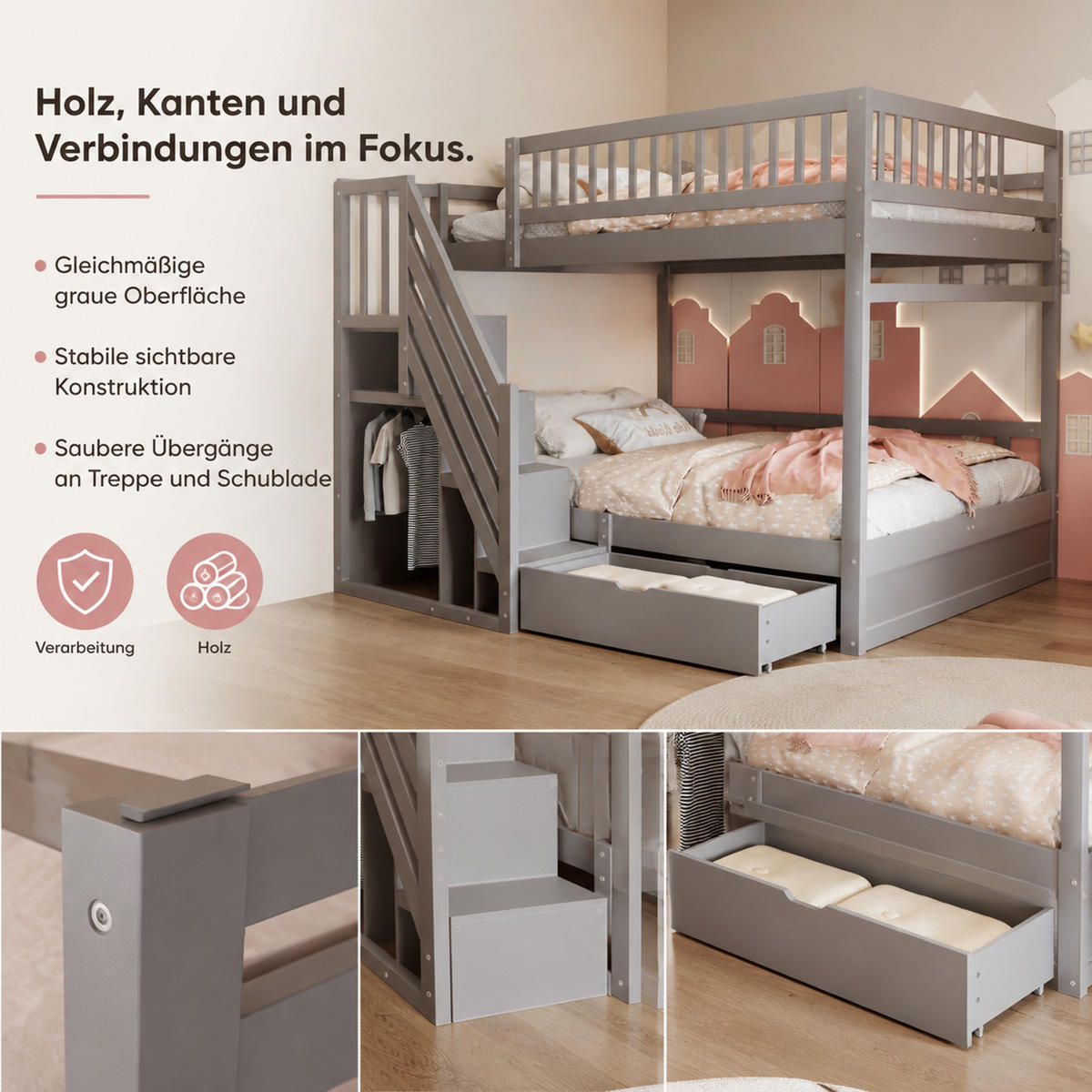 ETAGENBETT 140/200 cm aus Kiefernholz mit Stauraumtreppe und Schubladen Grau - Grau, Holz (140/200cm) - Modenvie
