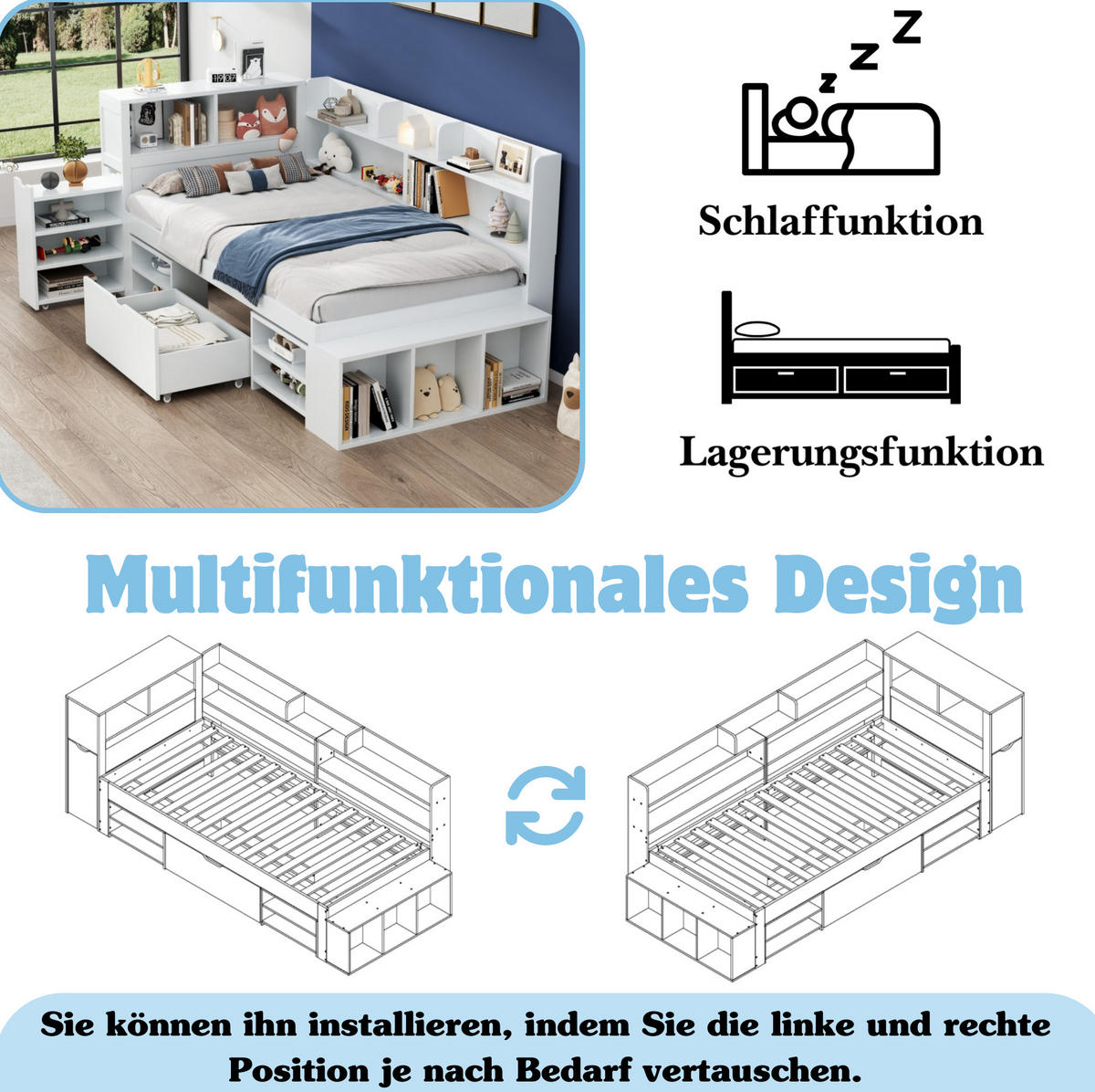 KINDERBETT 90/190 cm mit Schubladen, Regalen und viel Stauraum, Lattenrost inklusive, Weiß - Weiß, Holzwerkstoff (90/190cm) - Redom