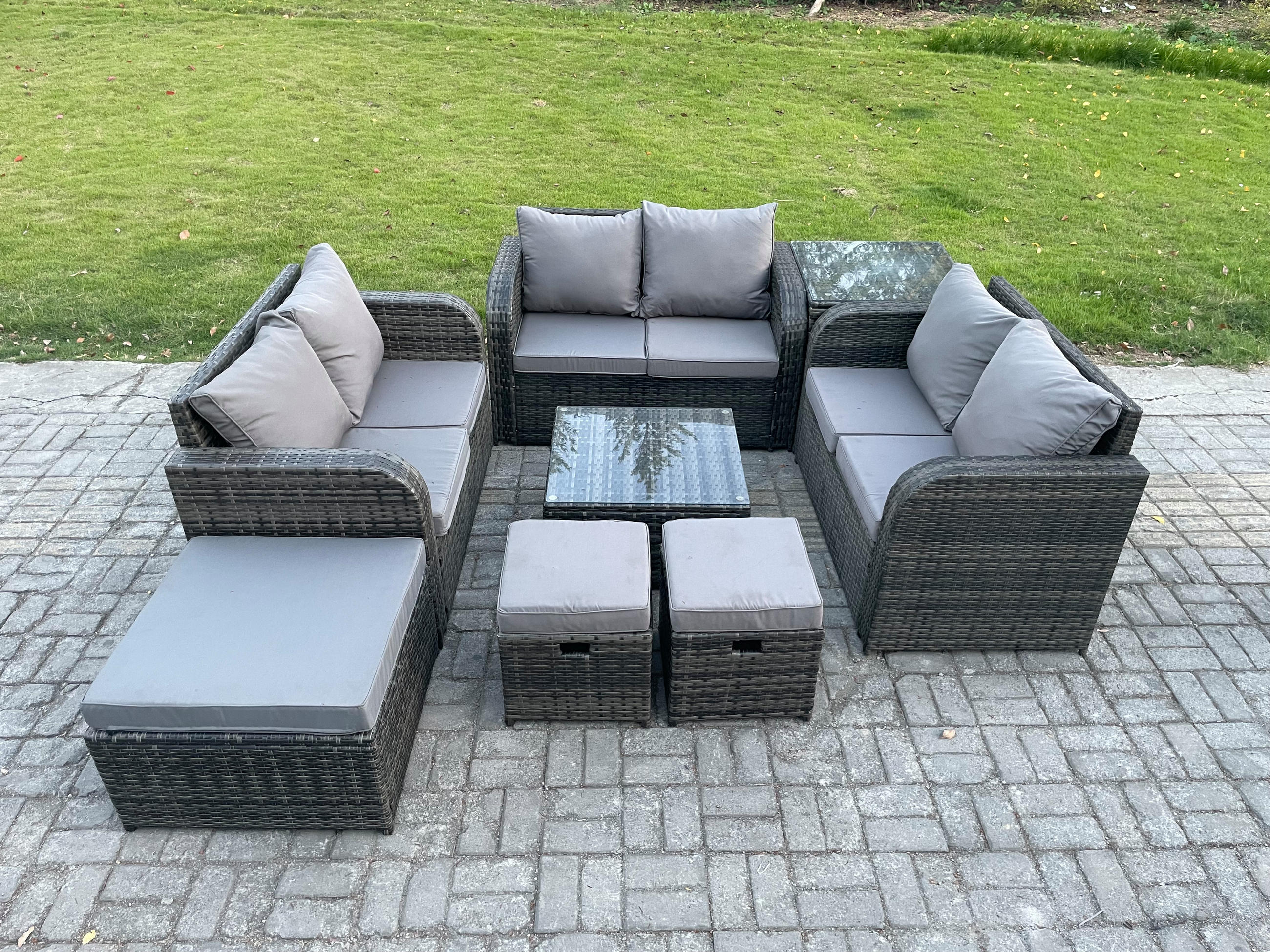 GARTENMÖBELGARNITUR Polyrattan Dunkelgrau 9-Sitzer - Dunkelgrau, Metall - Fimous