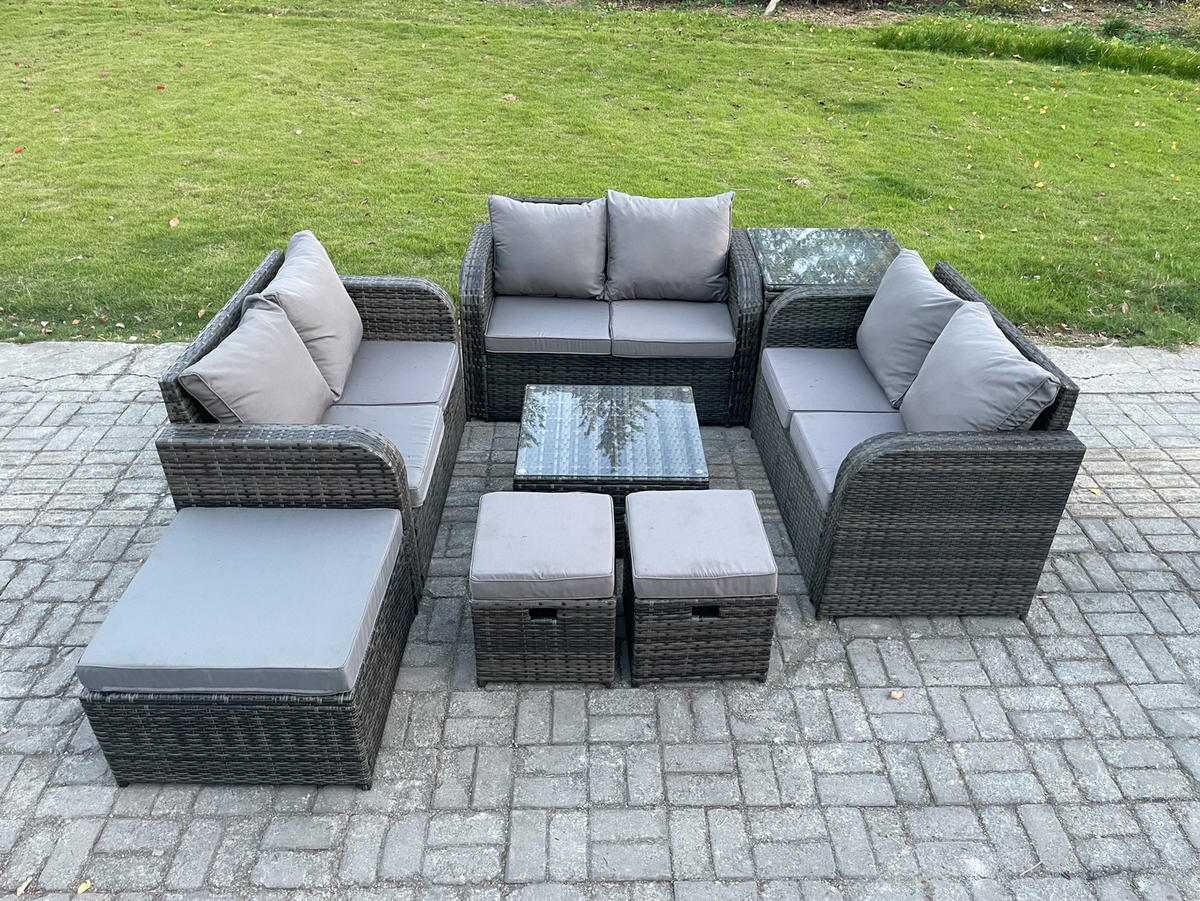 GARTENMÖBELGARNITUR Polyrattan Dunkelgrau 9-Sitzer - Dunkelgrau, Metall - Fimous
