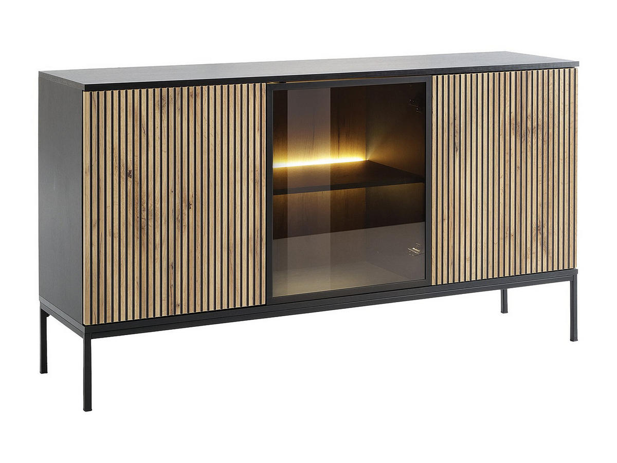 SIDEBOARD - 3 Türen - mit LED-Beleuchtung - MDF & Rauchglas - Schwarz & Holzfarben - OVILA - Schwarz, Holz (153.4/83.2/39cm) - Vente-Unique