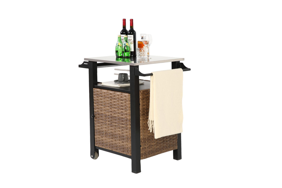KÜCHENINSEL Barwagen 76x57x85cm braun Korbgeflecht/Edelstahl mit ausklappbarer Platte & Stauraum - Braun, Metall (57/85/76cm) - Modfu