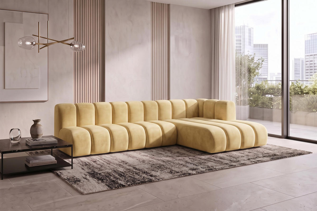 ECKSOFA Modulares In L-Form, Velvet-Stoff Riviera, Buttergelb, Rechts, GRAND 295 cm - Hellgelb, Holz (295/179cm) - Kaiser Möbel