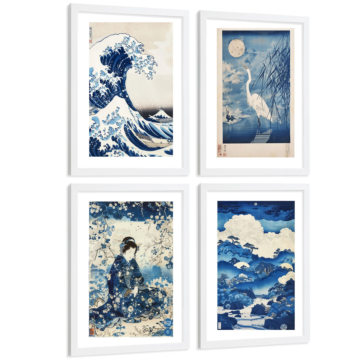 Nacnic PLAKAT Sada 4 Japan Blue A4 Bílý rám