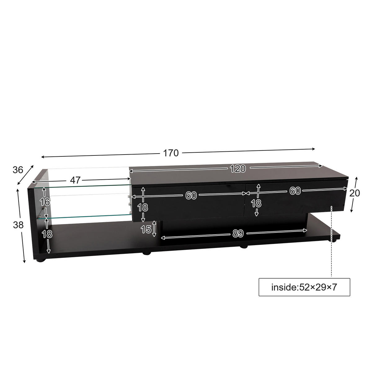 TV ormarić 170/36/38 cm crni od iverala s LED rasvjetom i staklenim policama - crna, drvni materijal (170/38/36cm) - OKWISH