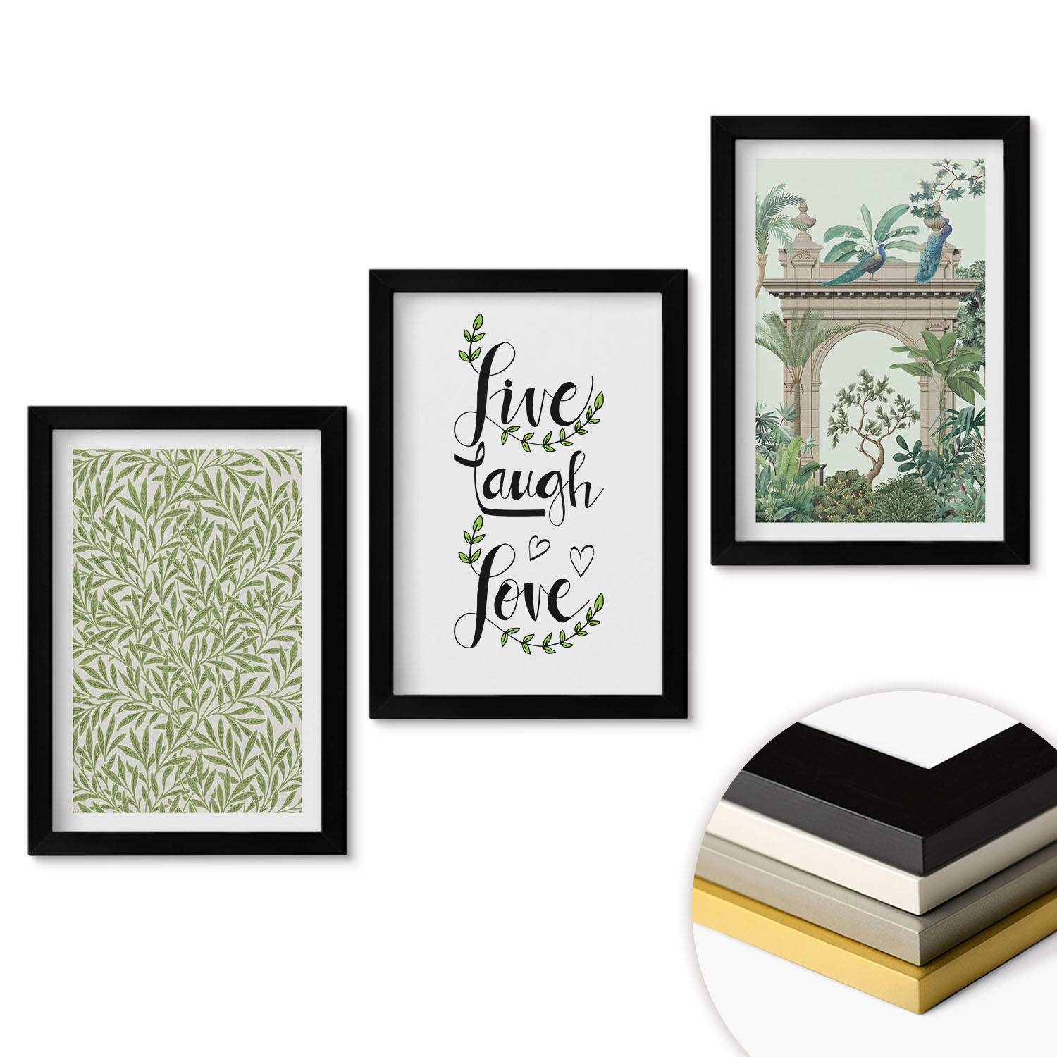 WANDBILDER 3er-Set - 20x30 cm Schwarzer Rahmen - Grüne Blätter von Pflanzenarchitektur - Schwarz, Kunststoff (20/30cm) - ArtPrintCave