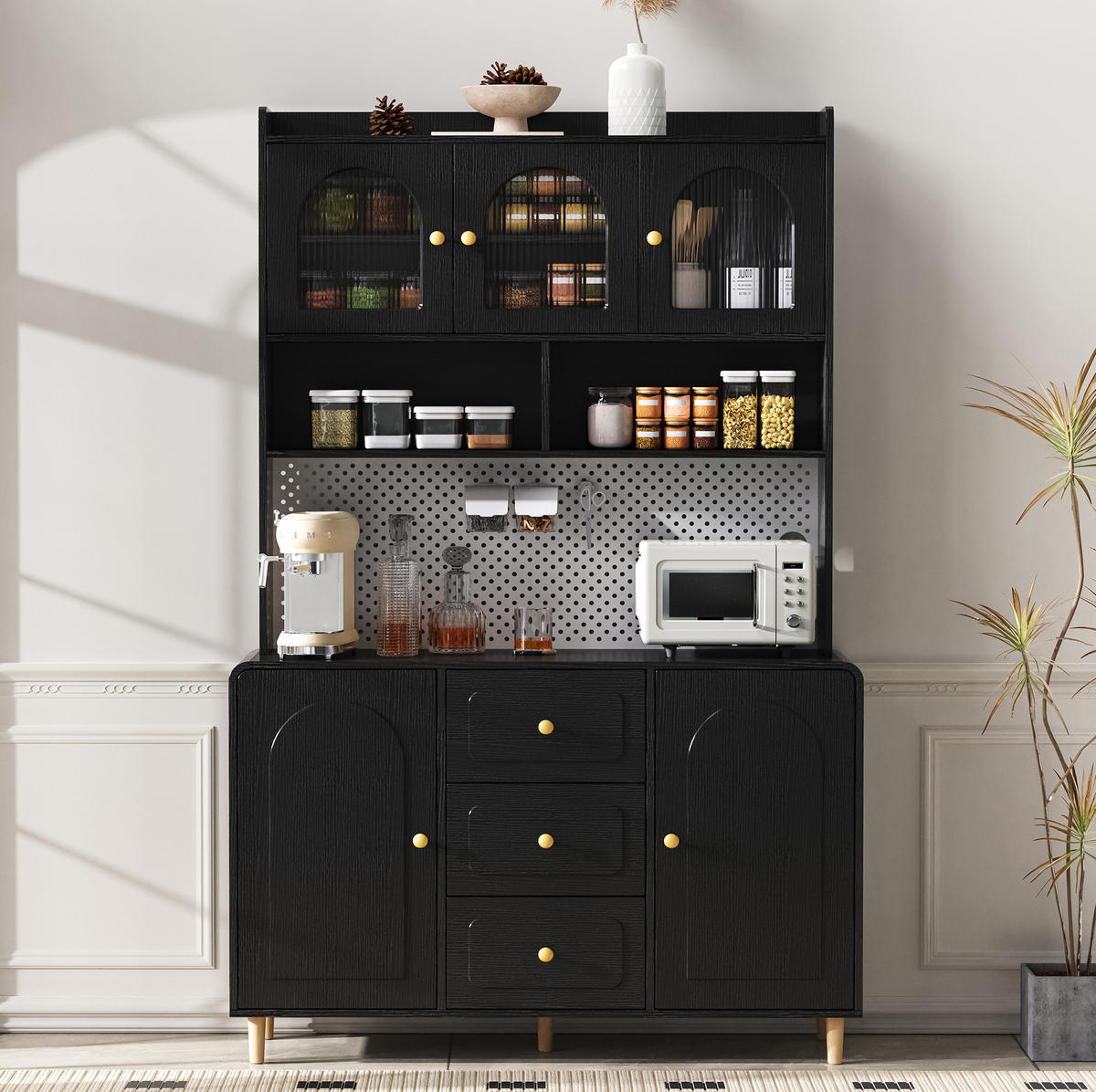 BUFFETSCHRANK 120/40/190 cm mit Lochplatte, 3 Schubladen und verstellbaren Einlegeböden, Schwarz - Schwarz, Holzwerkstoff (120/190/40cm) - Redom