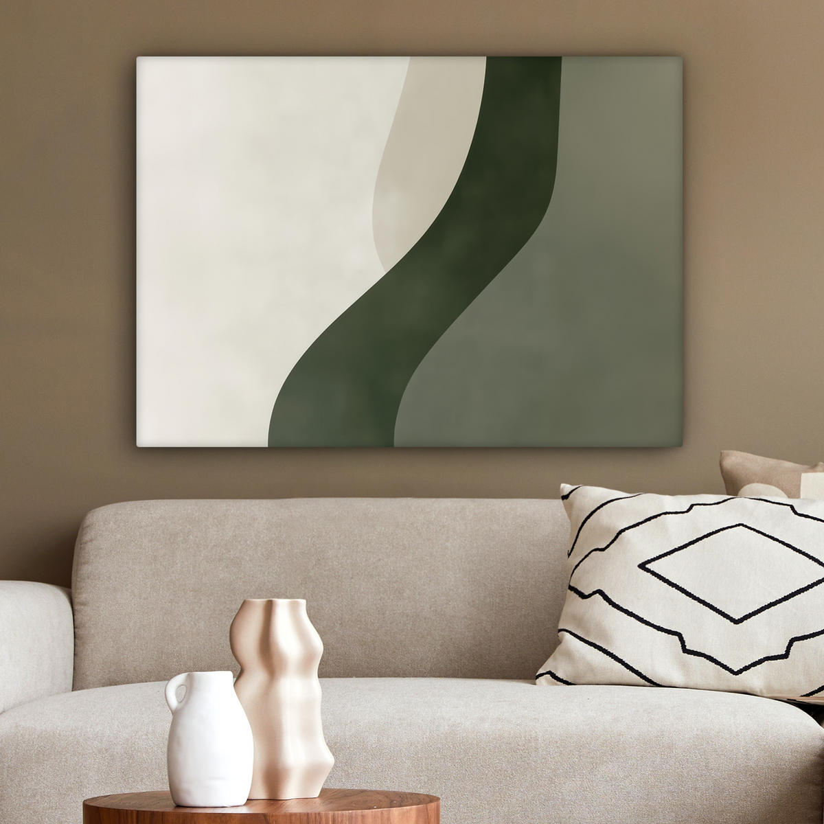 LEINWANDBILD Japandi - Grün - Abstrakt - Modern Wandbilder 80x60 cm - Salbeigrün, Textil (80/60cm) - MuchoWow