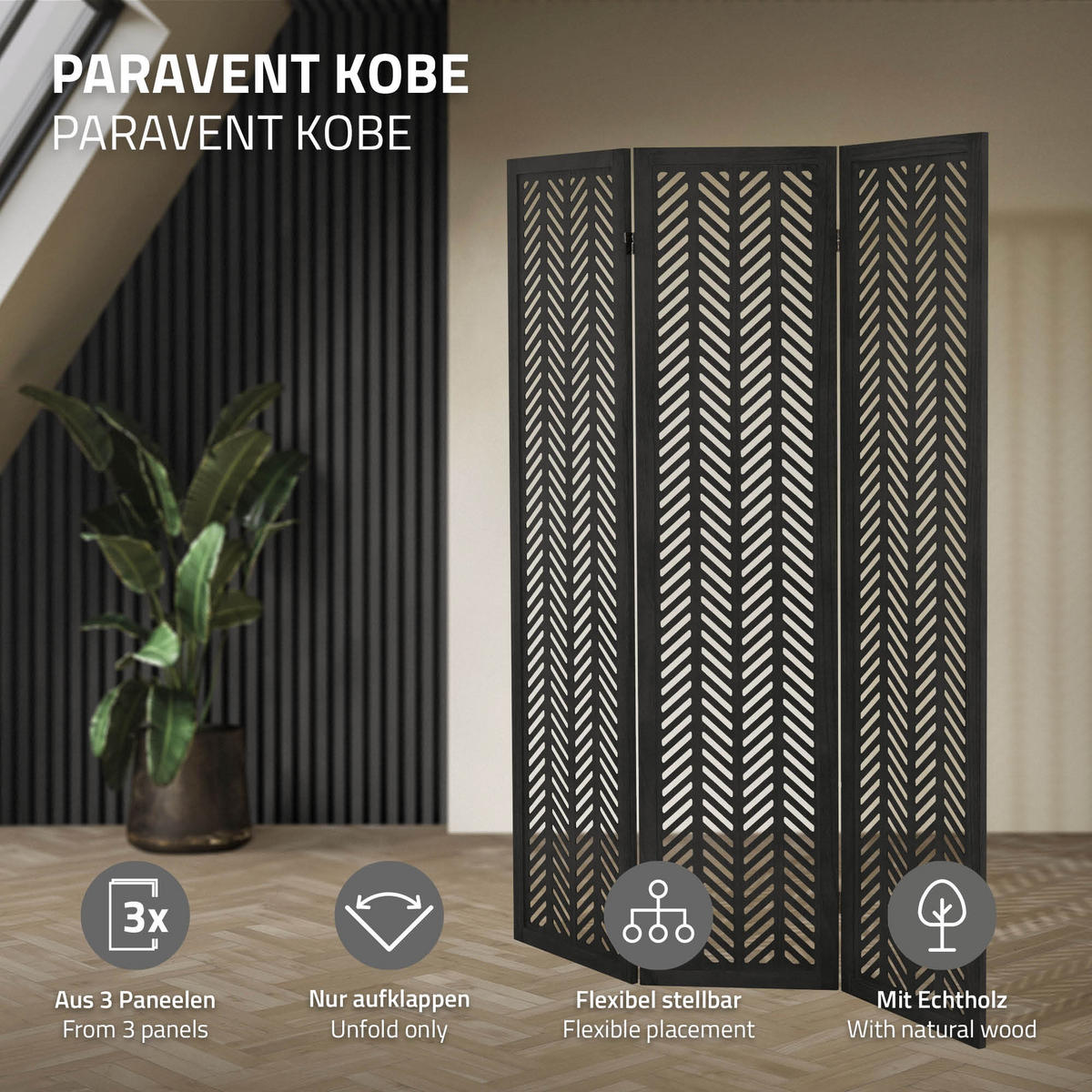 PARAVÁN, 3dílný, Kobe, 170 × 121 cm, černý, ze dřeva - černá, dřevo (121/170/2cm) - ML-DESIGN