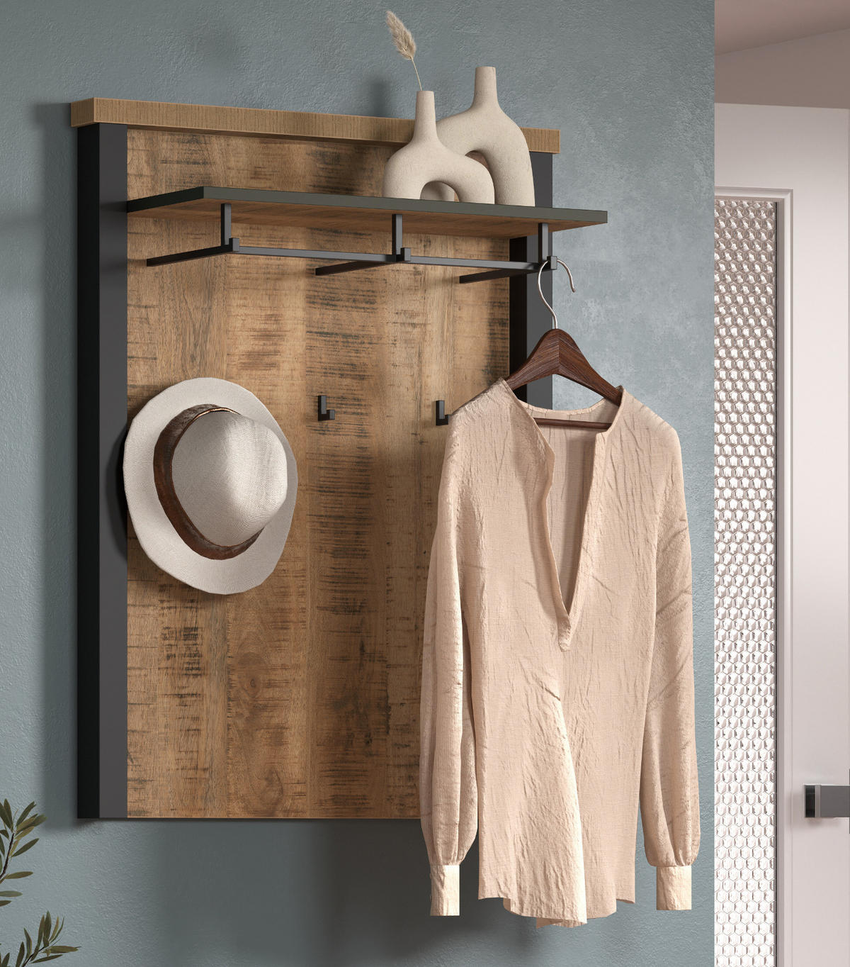 GARDEROBENPANEEL Mango, schwarz 73 x 95 cm, Wandgarderobe mit Kleiderstange - Schwarz/Naturfarben, Holzwerkstoff/Metall (73/95/27cm) - Top.Furn
