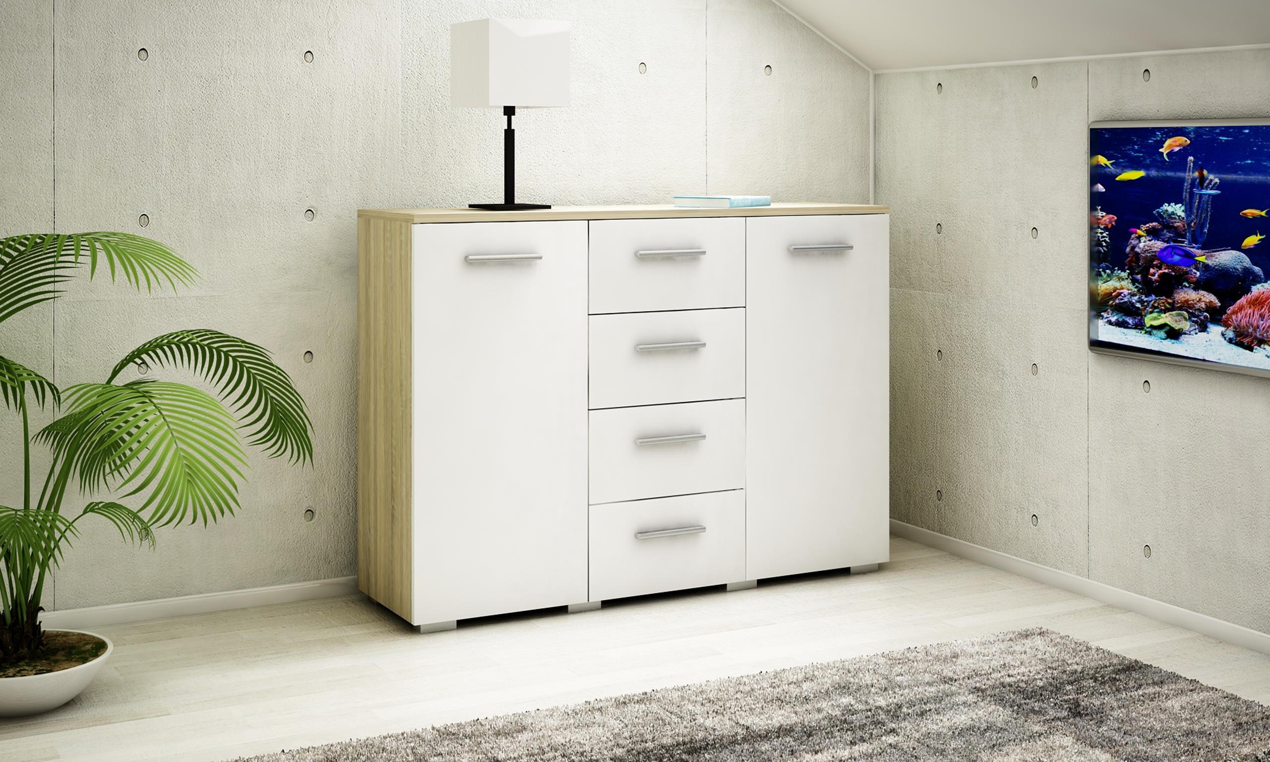 Thumbnail - Matkam Möbel Kommode, Sonoma Eiche, Weiß, Holzwerkstoff, 120x84.5x35 cm, Wohnzimmer, Kommoden & Sideboards, Kommoden