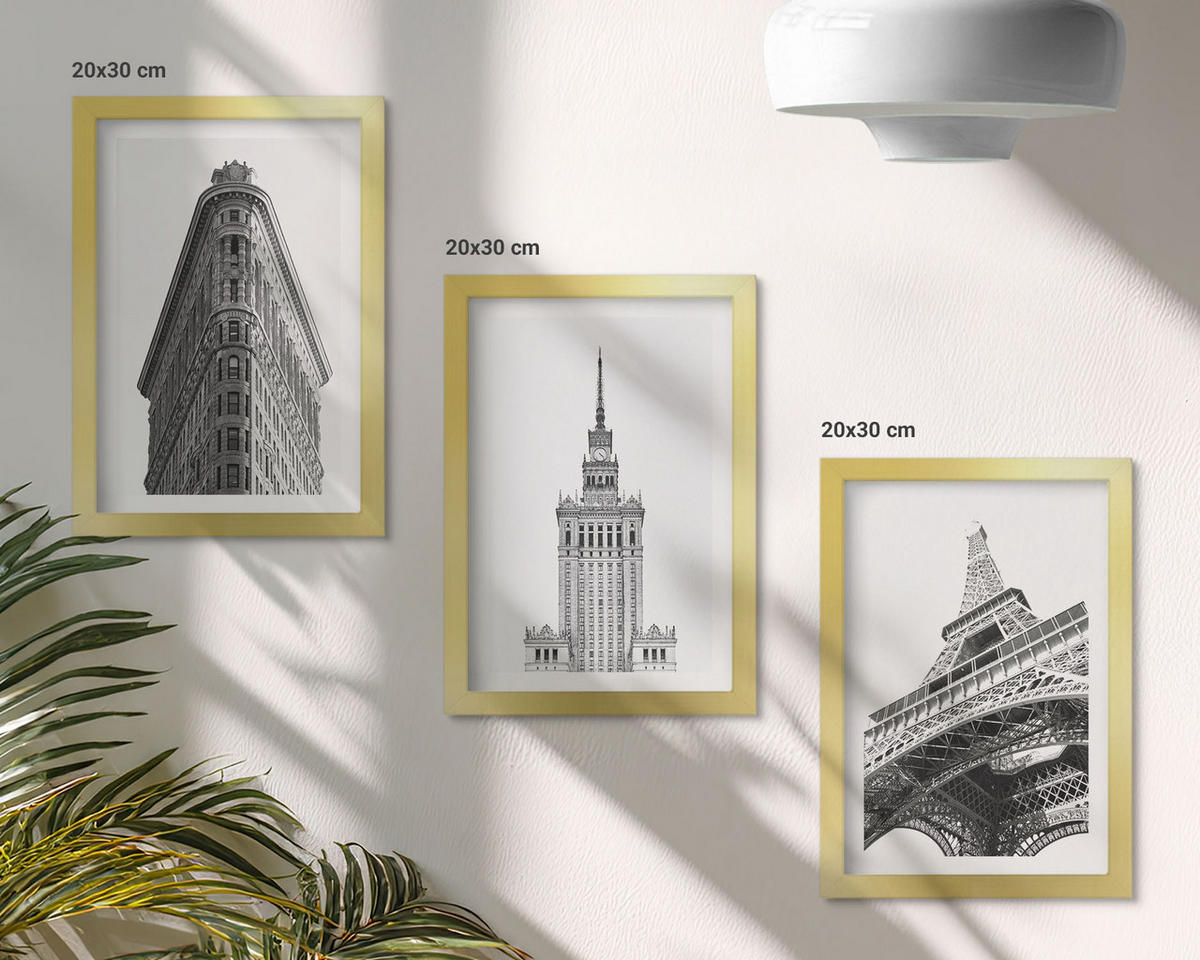 BILDER SET 3er Set - 20x30 cm Goldrahmen - Architektonische Schwarz-Weiß-Gebäude - Goldfarben, Kunststoff (20/30cm) - TULUP
