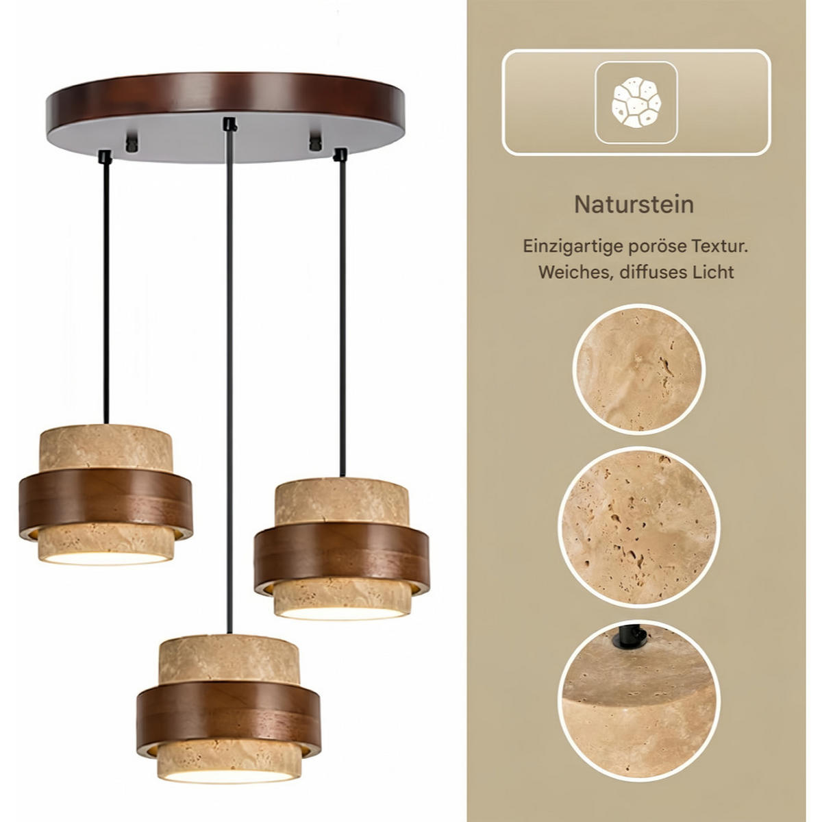 PENDELLEUCHTE Travertin Gelb & Holz, Japandi Rund - Gelb, Naturmaterialien (170/30/50cm) - Weltevree