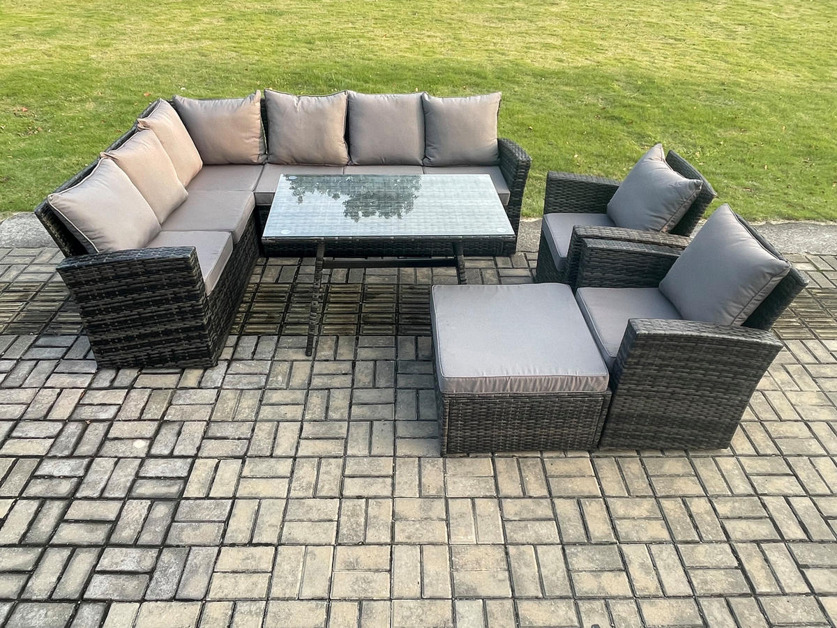 BALKONMÖBEL-SETS mit Ecksofa,Länglicher Esstisch,2 große Fußhocker,Stuhl Polyrattan Dunkelgrau 9-Sitzer - Dunkelgrau/Grau, Glas/Kunststoff - Fimous