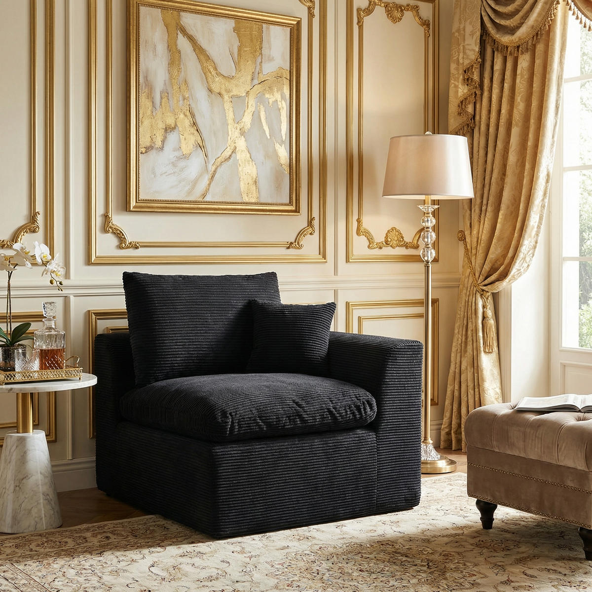 SESSEL Cord-Sofa mit Federkern-Polsterung und Kissen, Montagefrei - Schwarz, Textil (101/84/102cm) - Urban Meuble