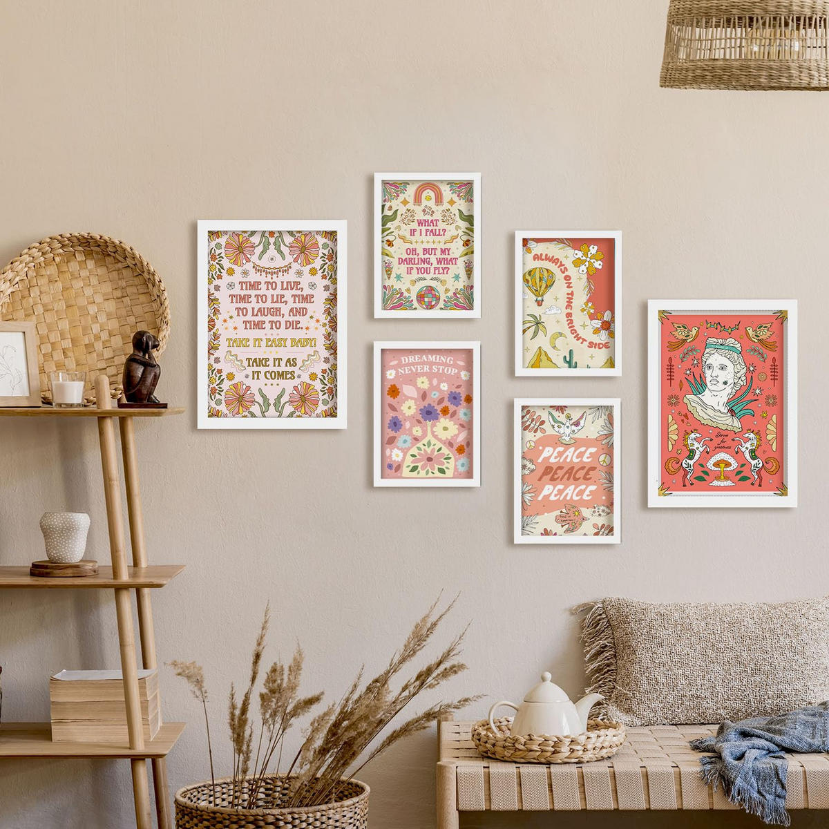POSTER Set Mit 6 Drucken Von Pink In Brilliant Groovy Style Postersammlung Dekorative Rahmen Für Ihr Zuhause Wandkunstdruck A3 & A4 Weißer Rahmen - Weiß, Papier (29/3cm) - Nacnic