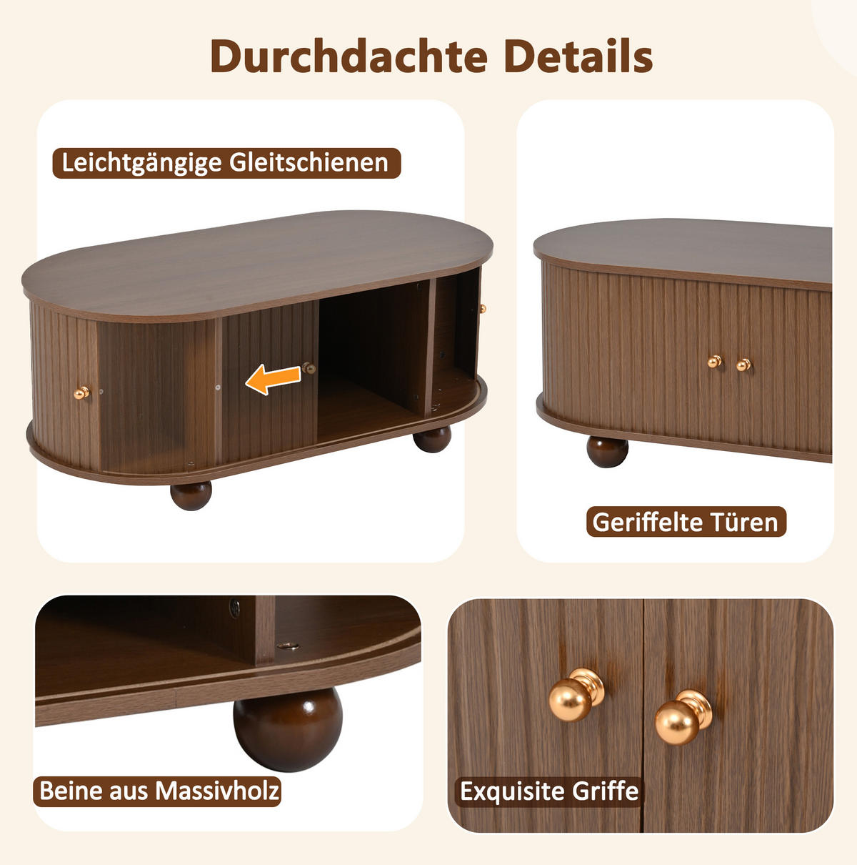 COUCHTISCH aus MDF 100/50/40 cm mit 360-Grad-Schiebetür und Stauraum, Walnussfarbe - Walnussfarben, Holzwerkstoff (100/50/40cm) - Redom