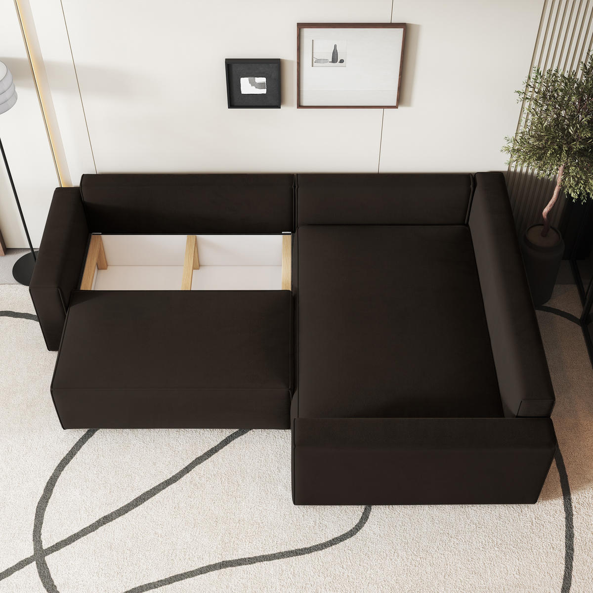 ECKSOFA ERONIS R-S Braun Velours-Stoff mit Schlaffunktion - Braun, Holz (265/194cm) - MASSENO