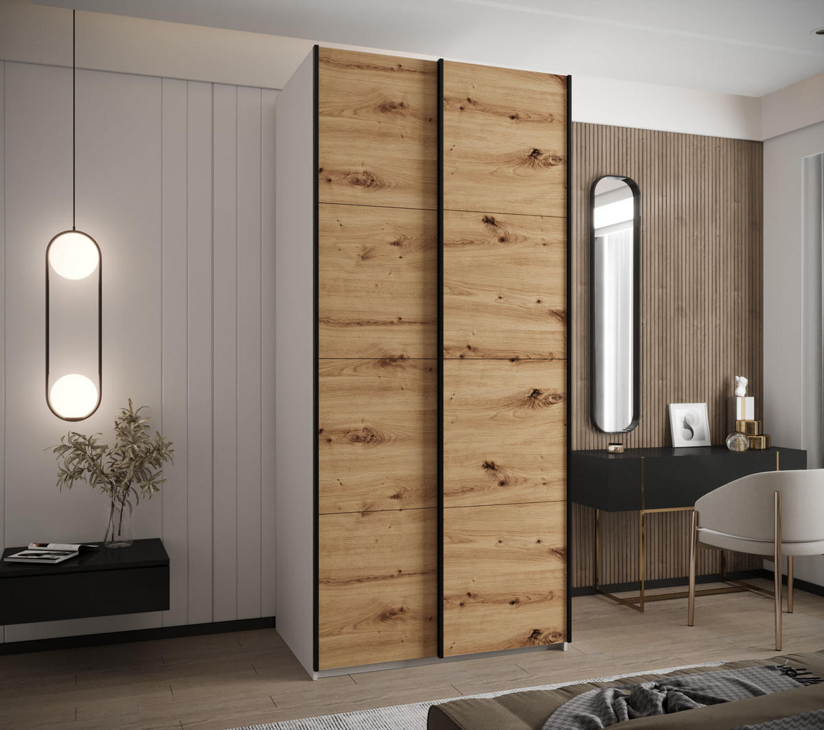 SCHWEBETÜRENSCHRANK 245,5/100/64 2-türig - Schwarz/Eiche Artisan, Holz/Metall (100/245/64cm) - Abiks Möbel