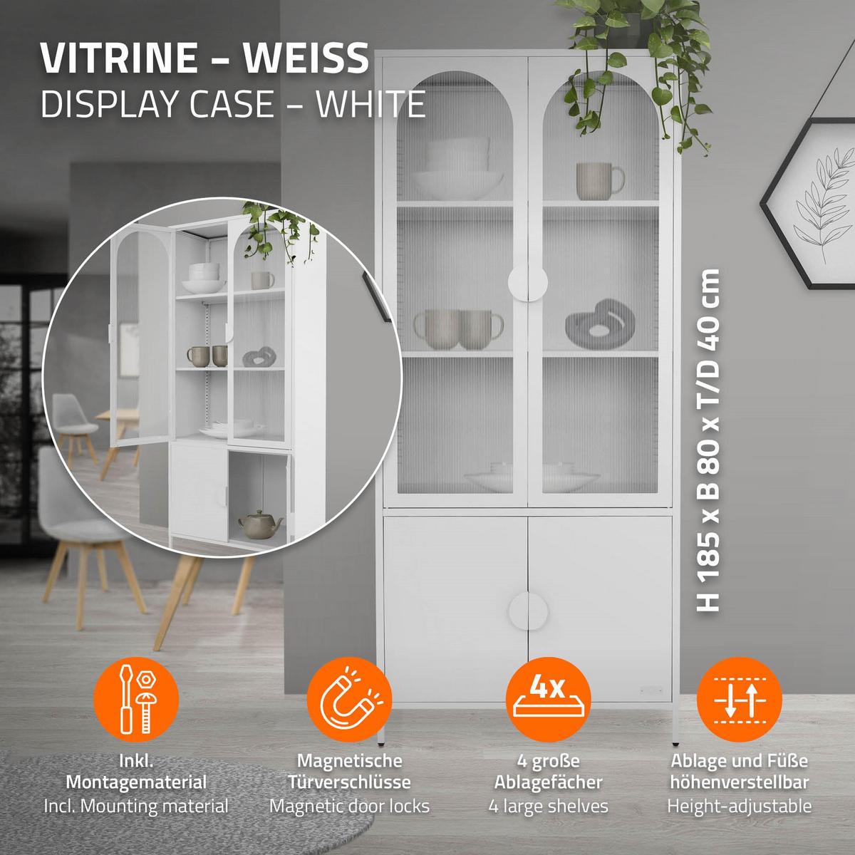 VITRINENSCHRANK 80x185x40 cm Weiß aus Stahl mit 4 Türen - Weiß, Metall (80/185/40cm) - ML-DESIGN