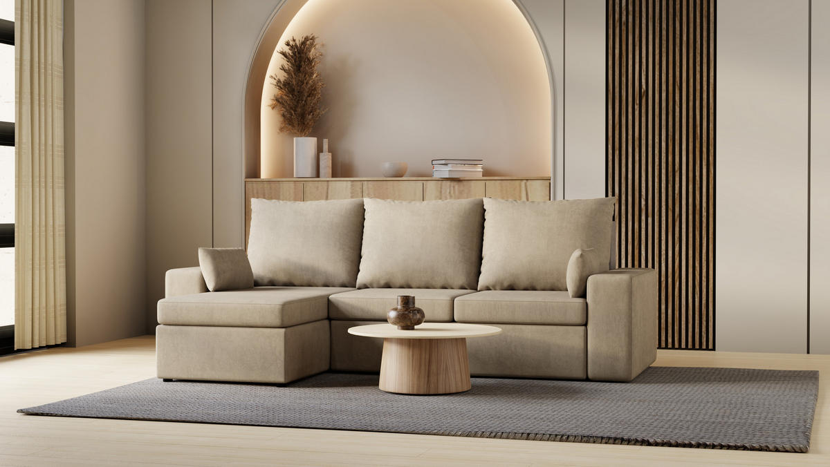 ECKSOFA Paco mit Bettkasten und Schlaffunktion, L-Form/XL-Form, Velourstoff, Universal - Beige, Holzwerkstoff (246/145cm) - 4ALL HOME