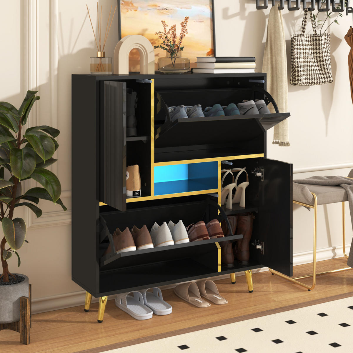 LED Schuhkommode Schwarz Hochglanz mit 2 Türen, Schuhregal 80x25x96 cm - Schwarz, Holz (80/96/25cm) - PARAFTA HOME