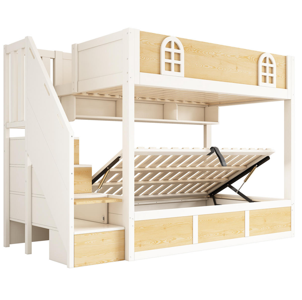 ETAGENBETT aus Holz und Metall 90x200 cm Weiß/Natur mit Treppenschrank und Stauraum - Naturfarben, Holzwerkstoff (90/200cm) - IVMEU