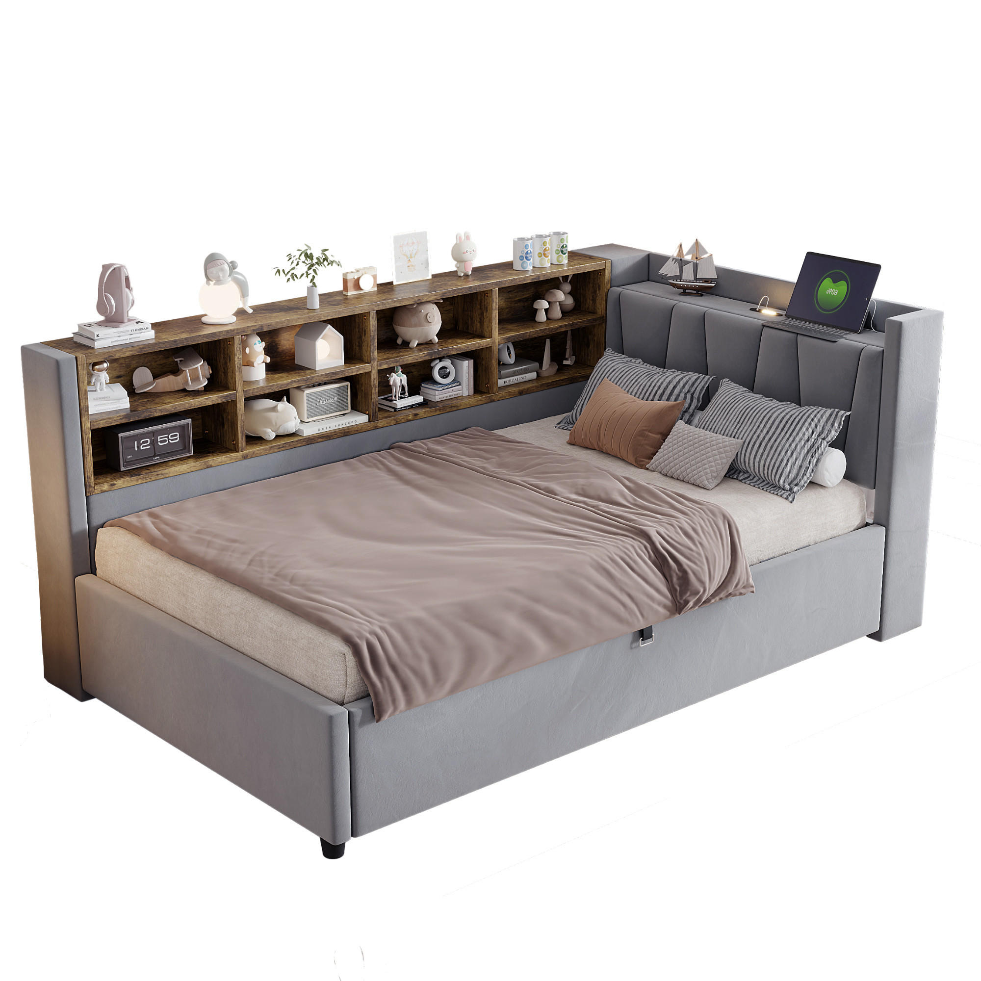 SCHLAFSOFA 90/200 cm in Hellgrau Samt mit Stauraum, USB und LED - Hellgrau, Holzwerkstoff/Textil (90/200cm) - WISHDOR