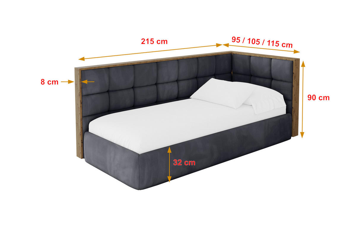 EINZELLBETT Jugendbett mit Bettkasten und Matratze H3/H4, Links - SOVY 90x200 Dunkelgrau - Dunkelgrau, Holzwerkstoff/Textil (90/200cm) - ALTDECOR