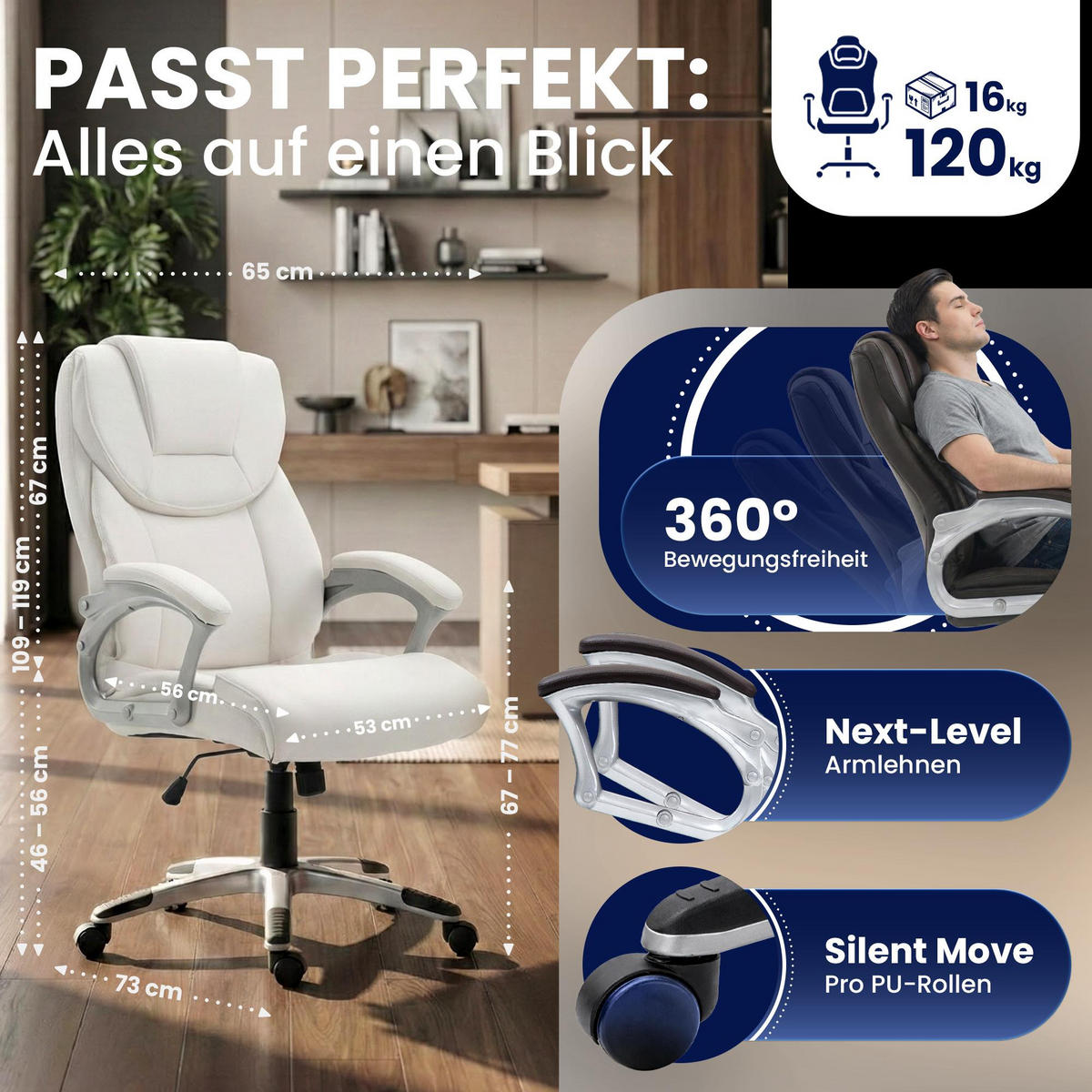 CHEFSESSEL Lederlook Weiß - Weiß/Grau, Kunststoff/Textil (65/109/73cm) - CLP