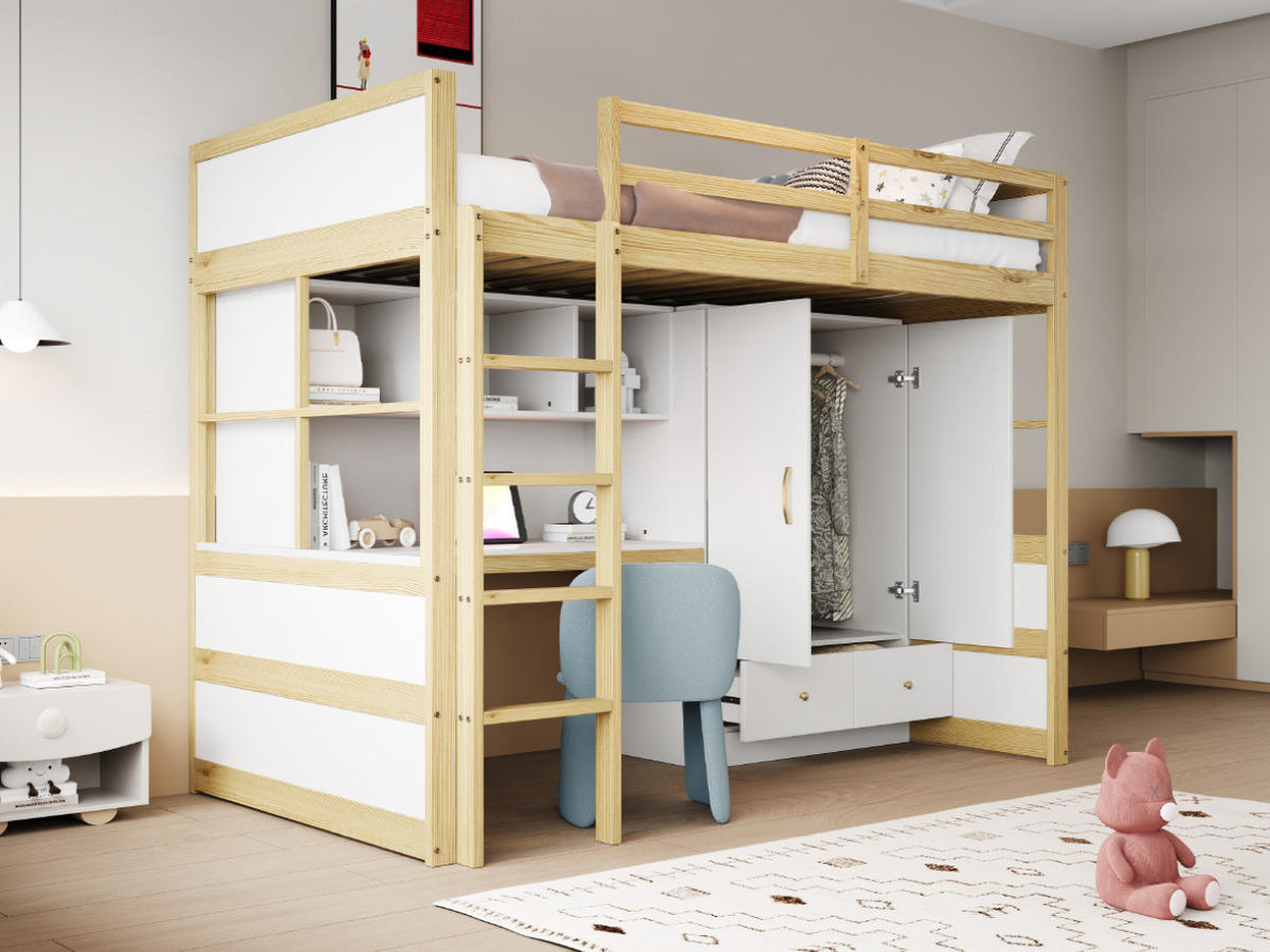 HOCHBETT 90/200 cm aus Holz mit Schreibtisch, Kleiderschrank und Schubladen Naturfarben - Naturfarben, Holz (90/200cm) - Modenvie