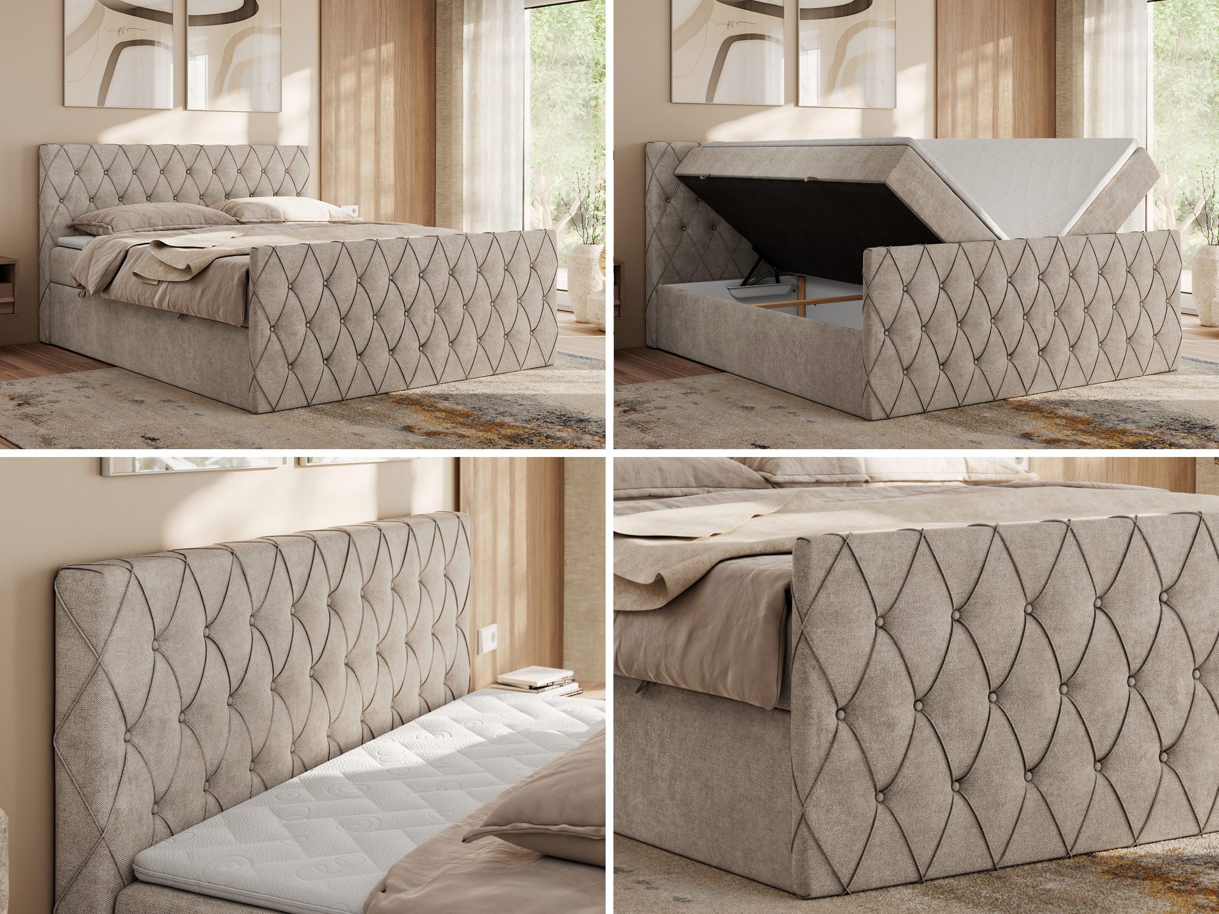 Thumbnail - MKS Boxbett, Beige, Textil, 2-Sitzer, H4, 7-Zonen, Rechteckig, 140x200 cm, Oeko-Tex®, Schlafzimmer, Betten, Boxspringbet...
