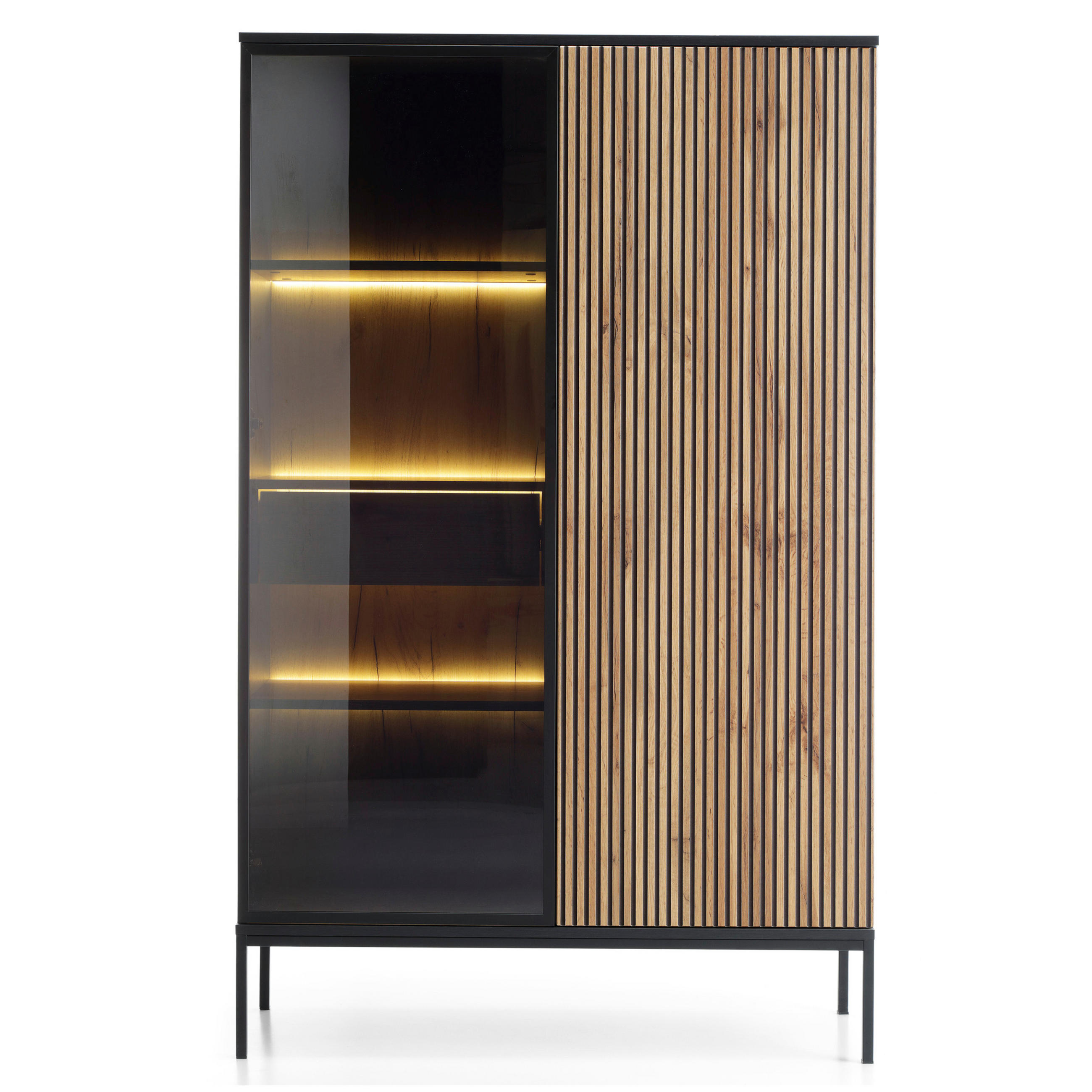 VITRINE Laval WTSZ104, Schwarz, Wotan-Eiche, Lamelle, mit LED-Beleuchtung - Eichefarben/Eiche Wotan, Glas/Holzwerkstoff (104/166/39cm) - Komodee