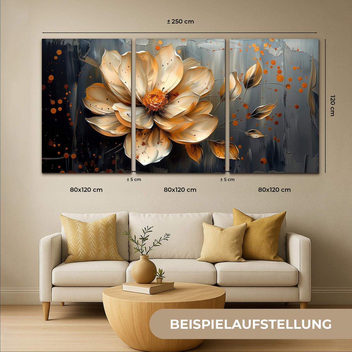 OBRAZ NA PLÁTNĚ 3dílná sada Květina - Zlato - Abstraktní - Malba 240x120 cm - krémová, textil (240/120cm) - MuchoWow