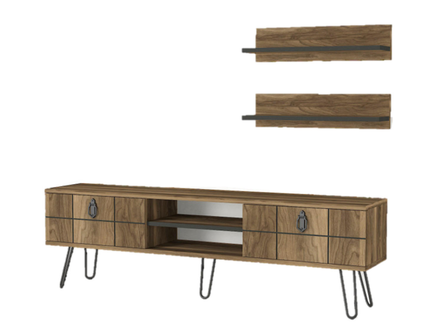 WOHNWAND Rialto mit Metallfüße Walnuss - Walnussfarben/Schwarz, Holzwerkstoff/Metall (150/46/30cm) - moebel17