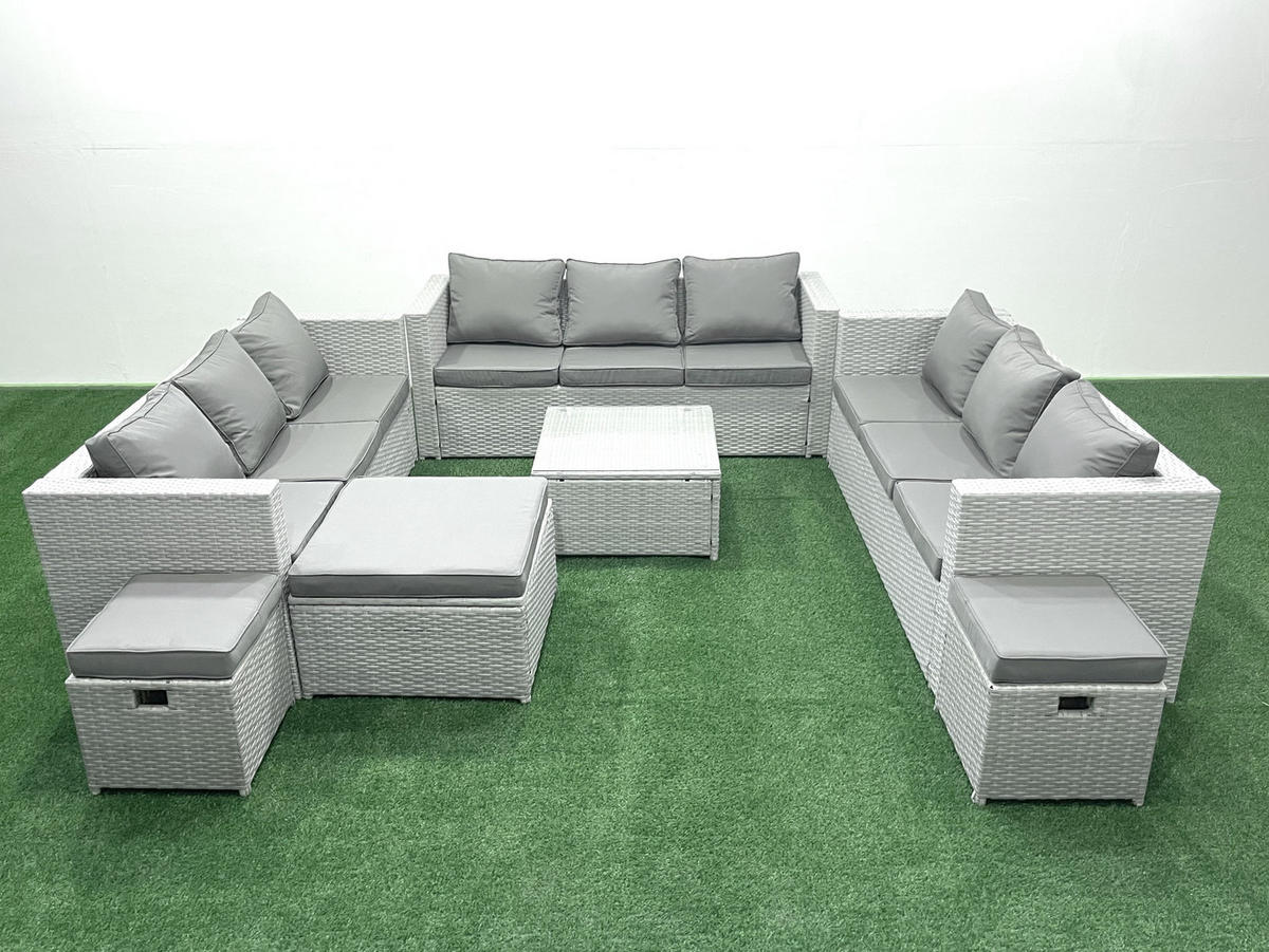 GARTENMÖBELSET mit 3-SITZER SOFA,COUCHTISCH Polyrattan Hellgrau-Mix 12-Sitzer - Hellgrau/Grau, Glas/Kunststoff - Fimous