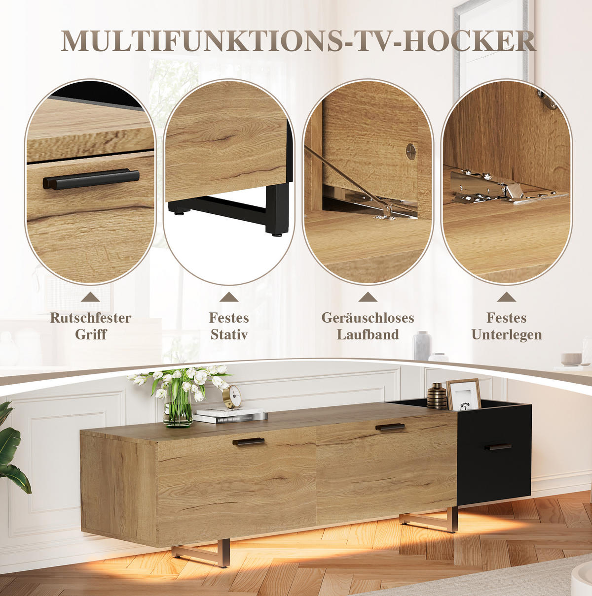 TV-SCHRANK aus Holzwerkstoff 180x38x49 cm Naturholz/Schwarz mit LED-Beleuchtung und Schubladen - Schwarz, Holzwerkstoff (180/49/38cm) - Modfu