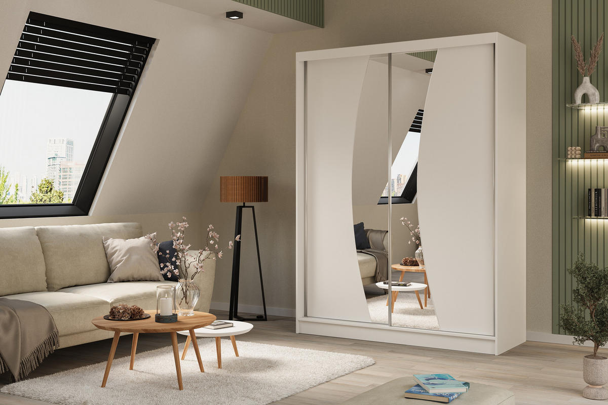 KLEIDERSCHRANK mit Spiegel-Schiebetüren und Aluminium-Leisten, LED-Beleuchtung - VOXI - 160 cm Weiß - Weiß, Holzwerkstoff (160/216/61cm) - ALTDECOR