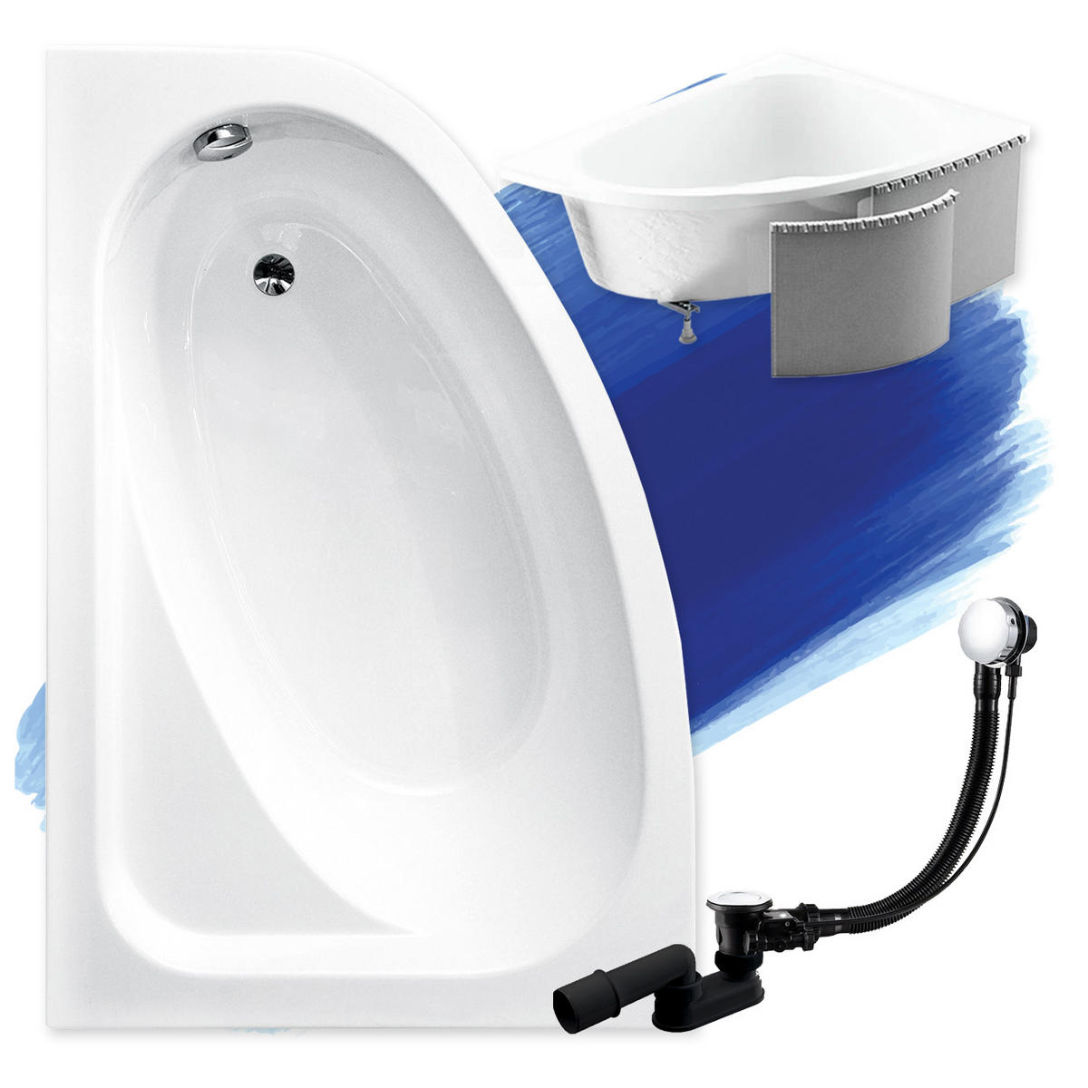 BADEWANNE Eckwanne CORNEA 140/80 Links mit Styro Ablauf Füße - Weiß, Kunststoff (80/57.5/140cm) - bad land