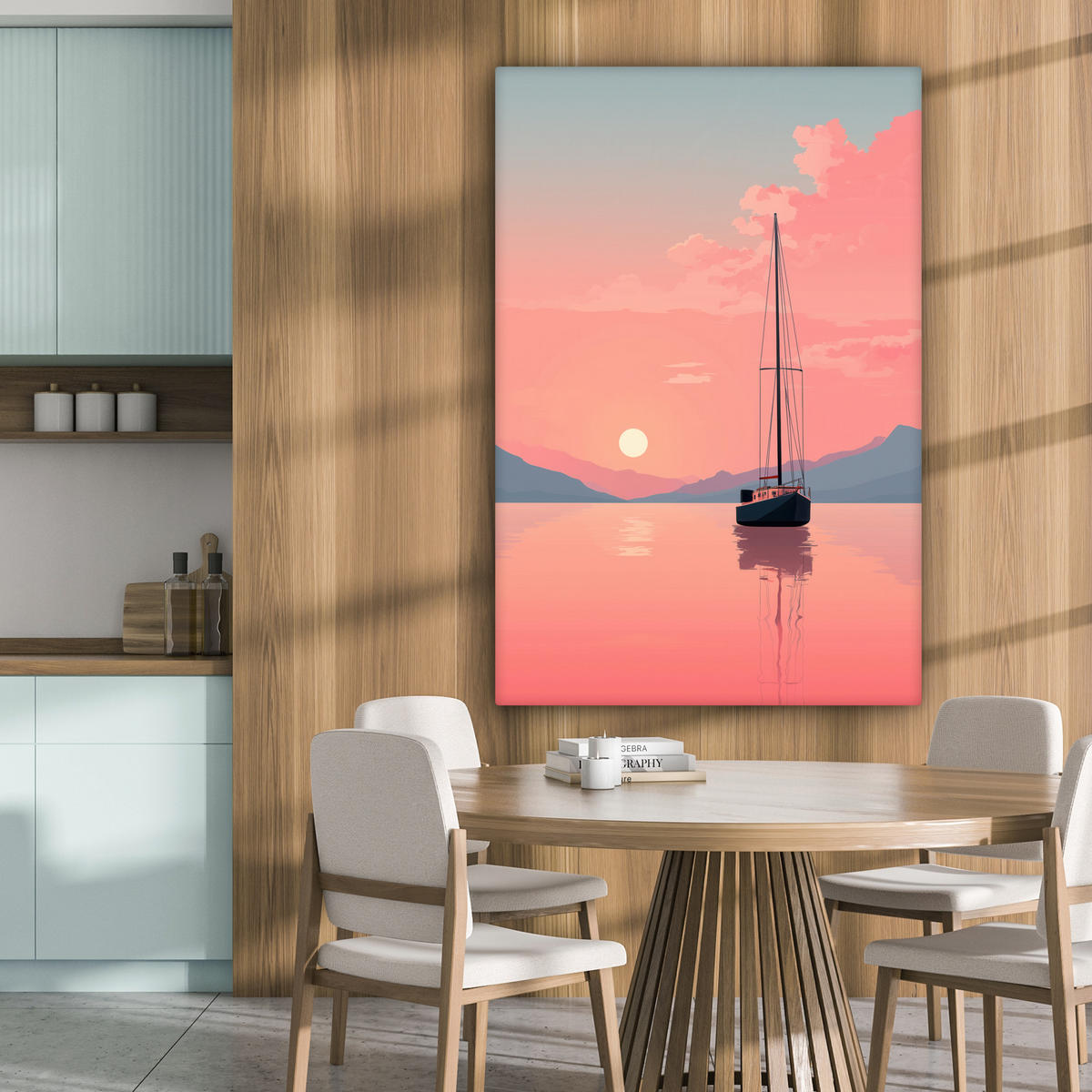 LEINWANDBILD Segelboot - Rosa Meer - Sonnenuntergang - Berge Deko Groß 90x140 cm - Rosa, Textil (90/140cm) - MuchoWow