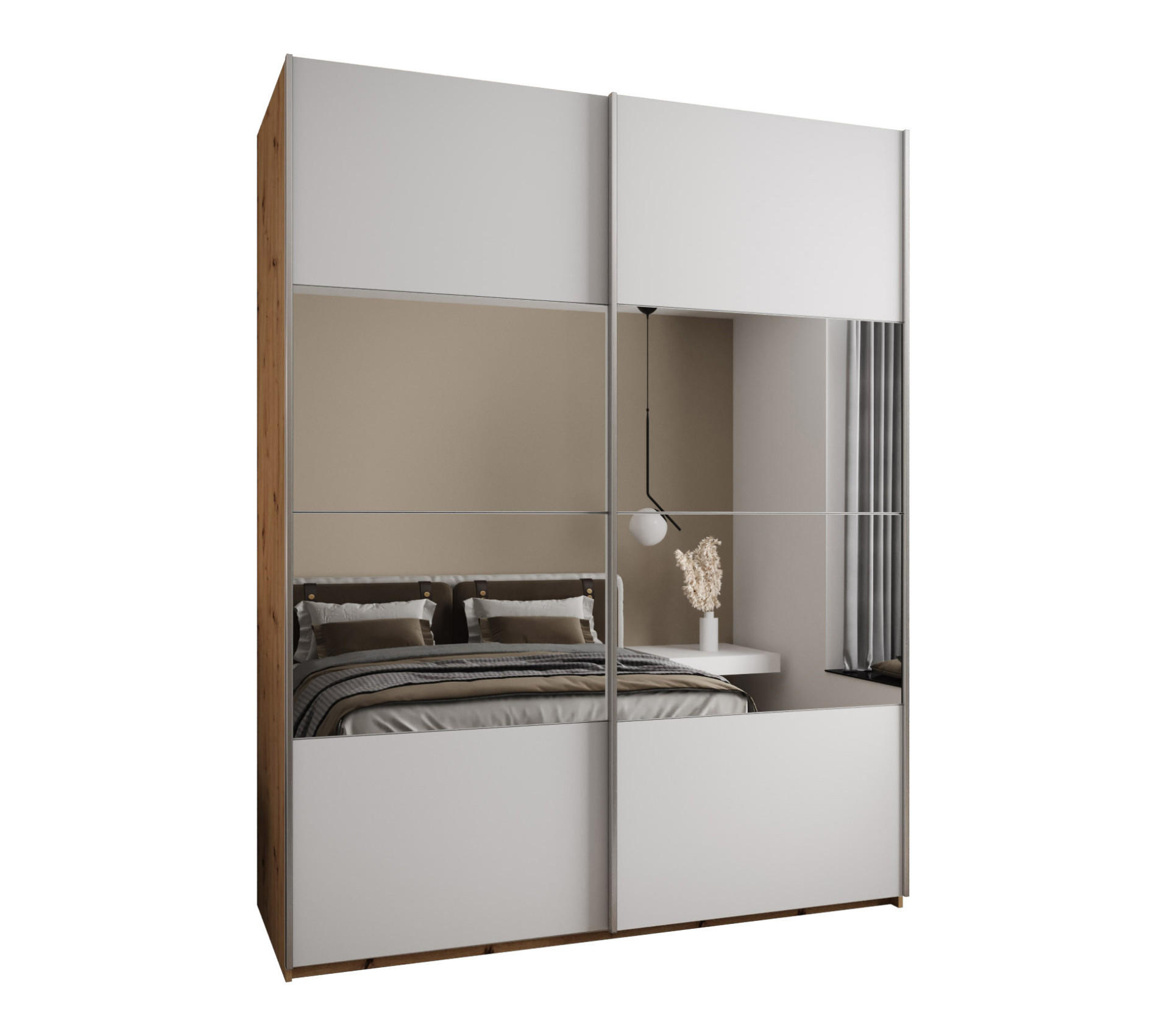 Abiks Möbel Schwebetürenschrank Eiche Artisan, Weiß, Silber 190x245x64 cm
