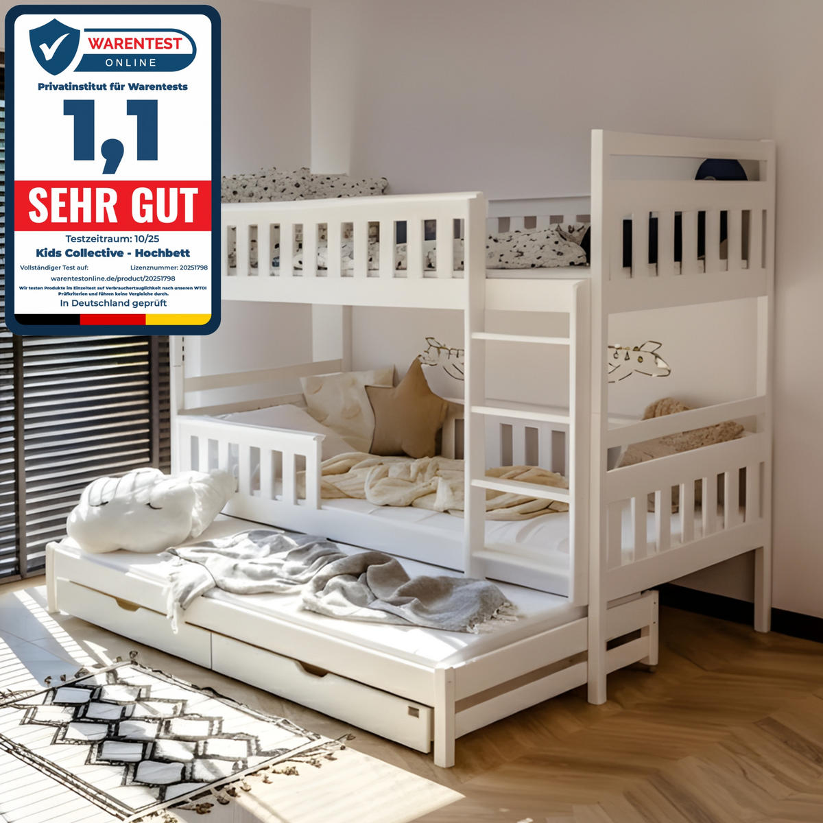 ETAGENBETT 90x200 cm mit Ausziehbett & zwei Schubladen in weiss - Weiß, Holz (90/200cm) - Kids Collective