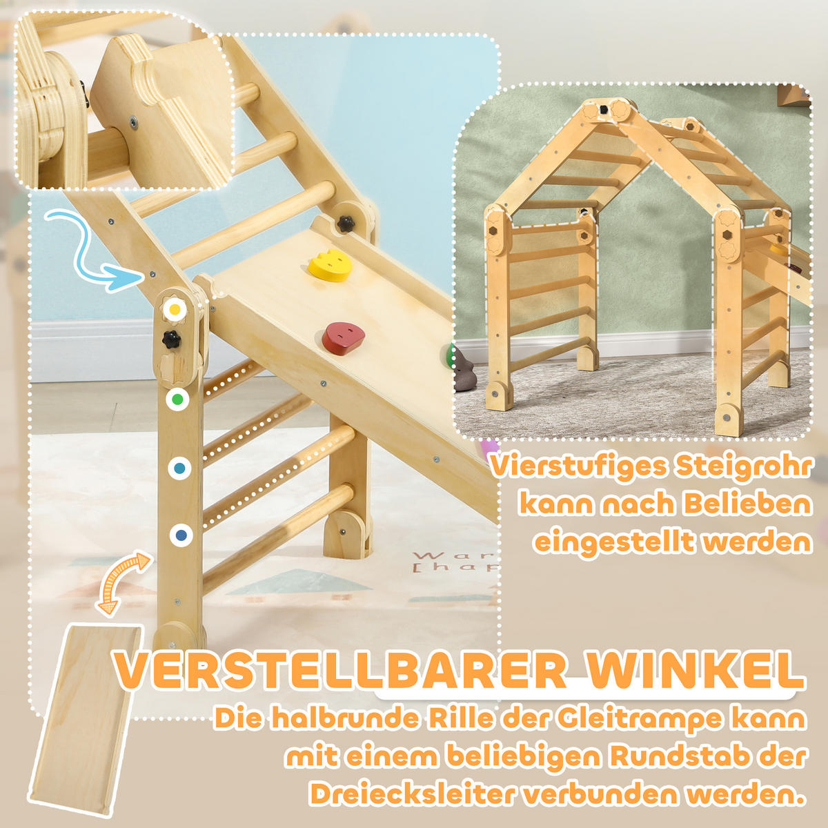 3 in 1 Klettergerüst Set mit Rutsche, Kletterdreieck zum Rutschen und Klettern - Multicolor, Holzwerkstoff (70/59/175cm) - AIYAPLAY